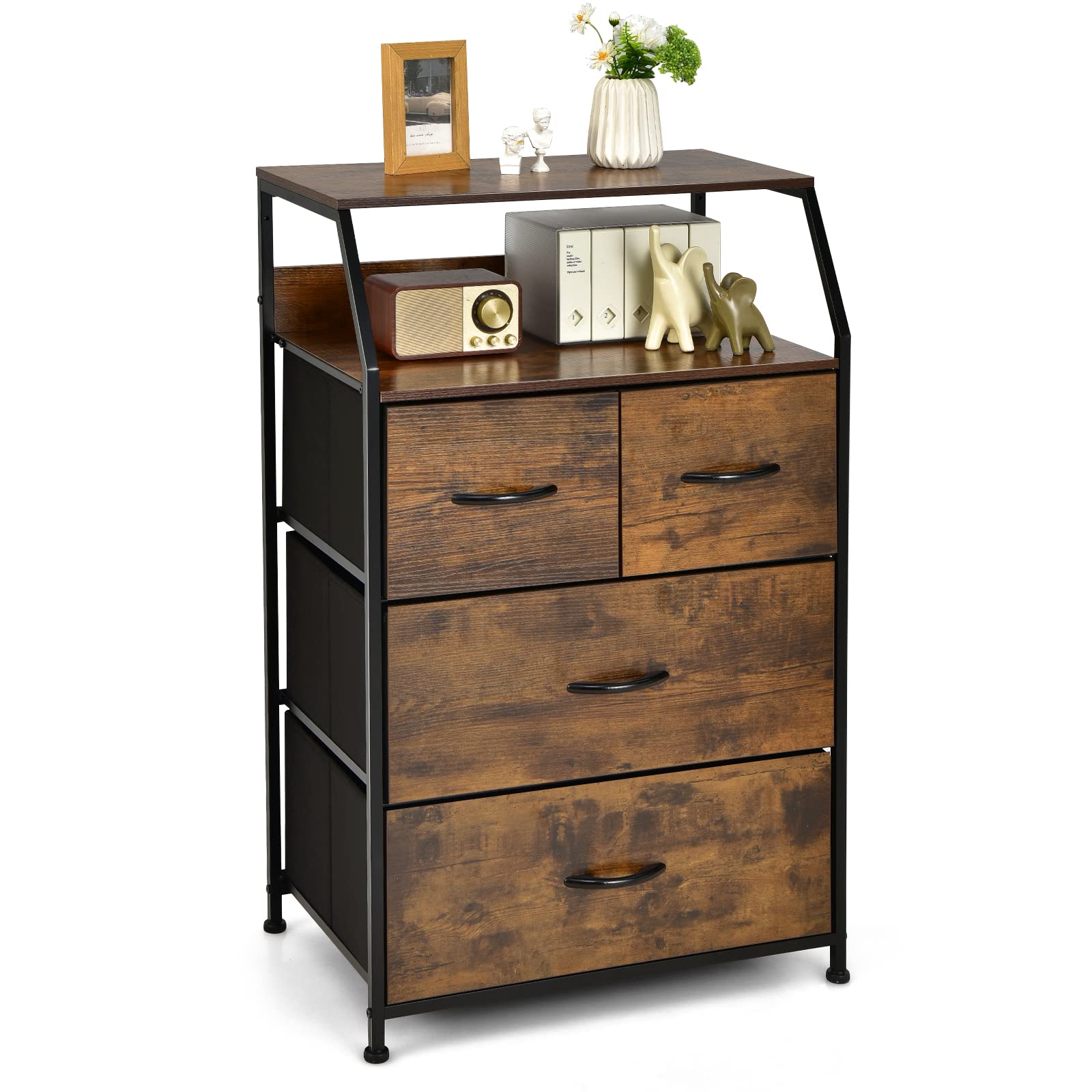 Giantex 4-Drawer Dresser with Wooden Top & Metal Frame - Tall Storage Tower with 5 Foldable Fabric Drawers & Open Shelves - Anti-Tip Design for Bedroom, Hallway, Closet Organization - Perfect for Small Space Storage & Home Decor