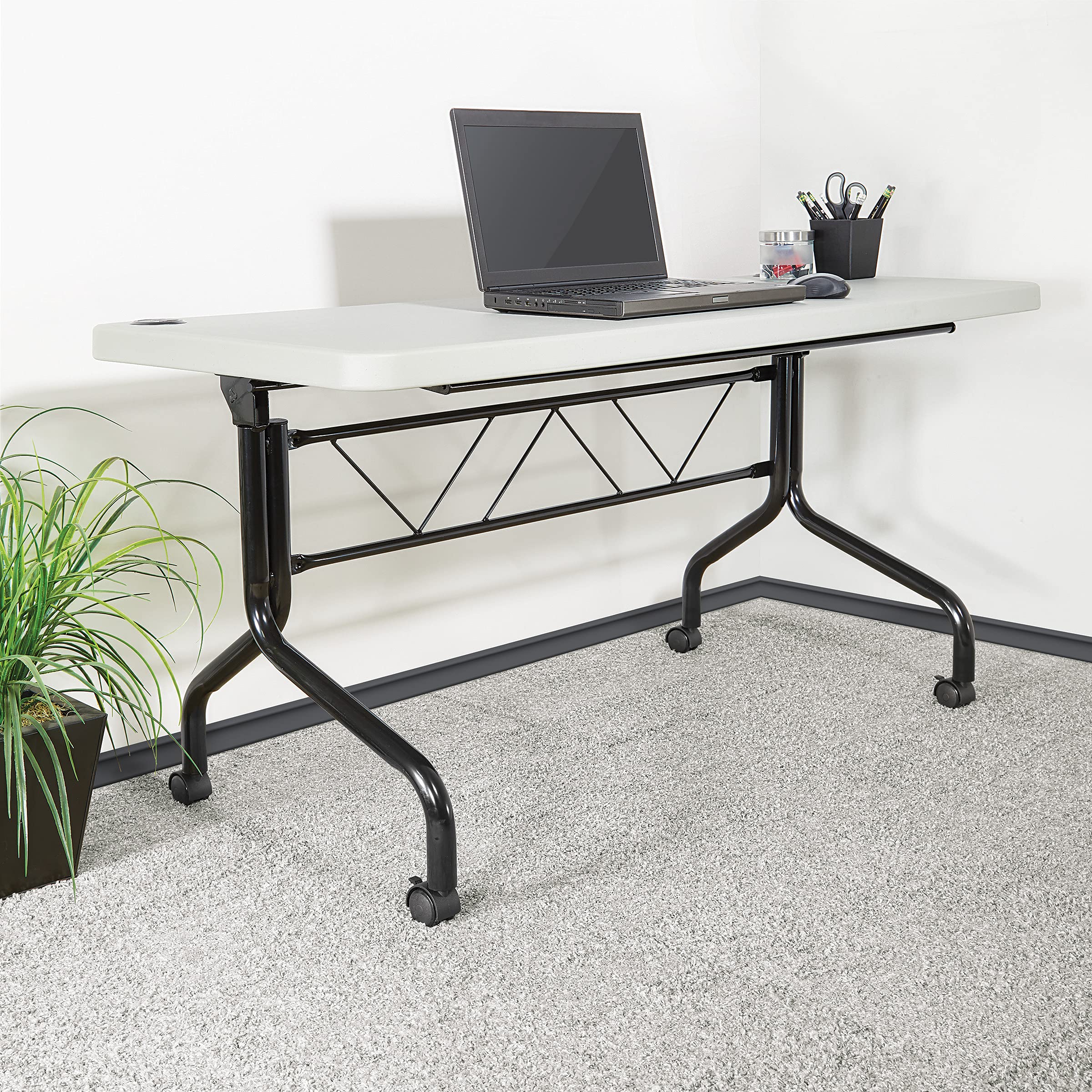 Office Star 5-Foot Resin Multipurpose Flip Training Table with Locking Casters - Light Gray Folding Table for Home Office, Classroom, Conference Room & Event Space