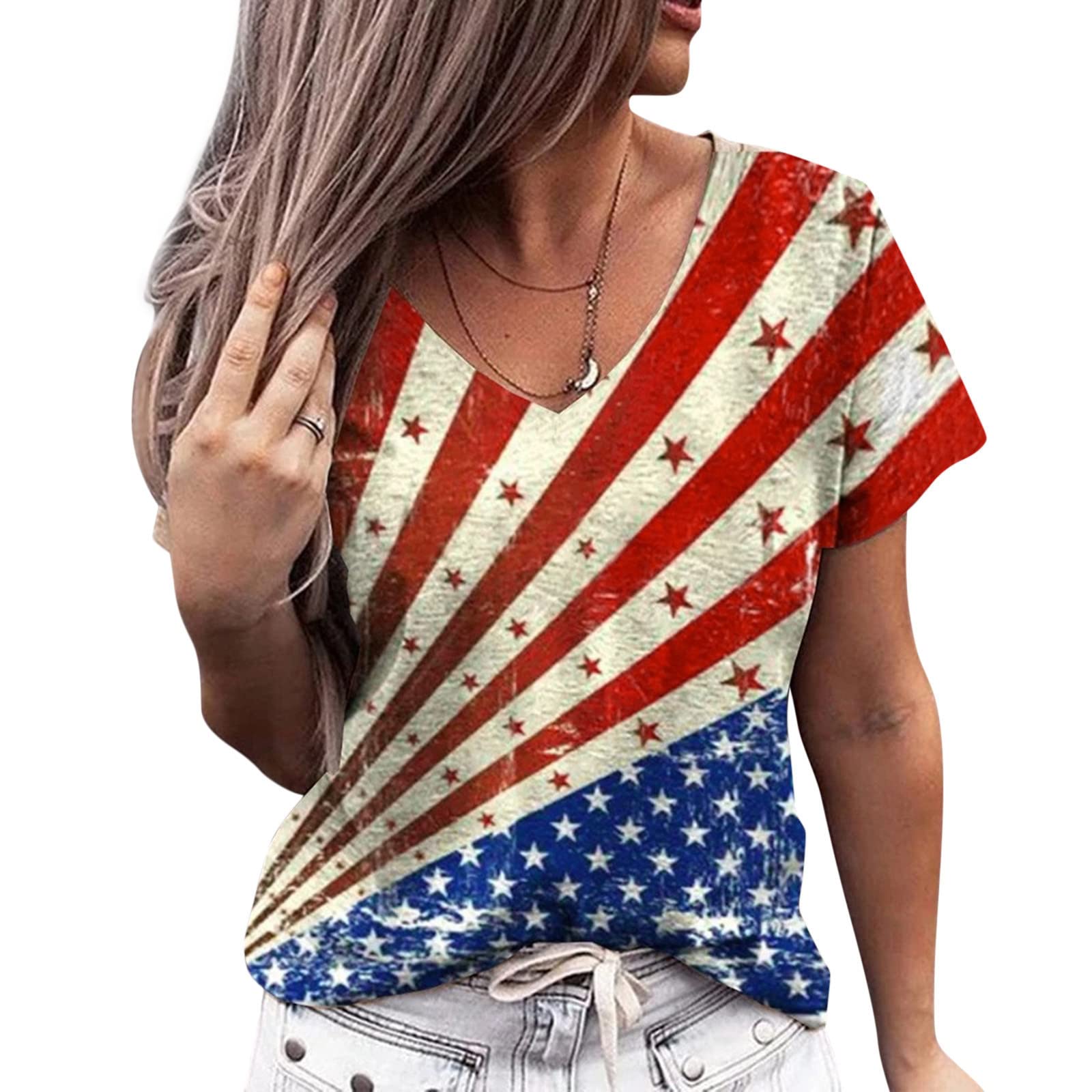 Women's American Flag V-Neck & Crewneck T-Shirts - Patriotic 4th of July Short Sleeve Summer Tops & Blouses | USA Flag Tunic for Independence Day Celebrations, BBQ Parties & Casual Outings