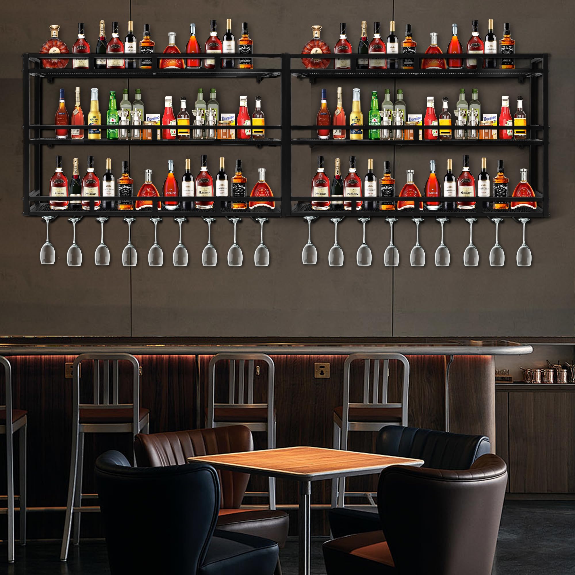 3-Tier Wall Mounted Metal Wine Rack with LED Lights - Large Capacity Liquor Bottle Storage Shelf with Glass Holder (Black, 31in/80cm) - Perfect for Home Bars, Dining Rooms & Kitchen Decor