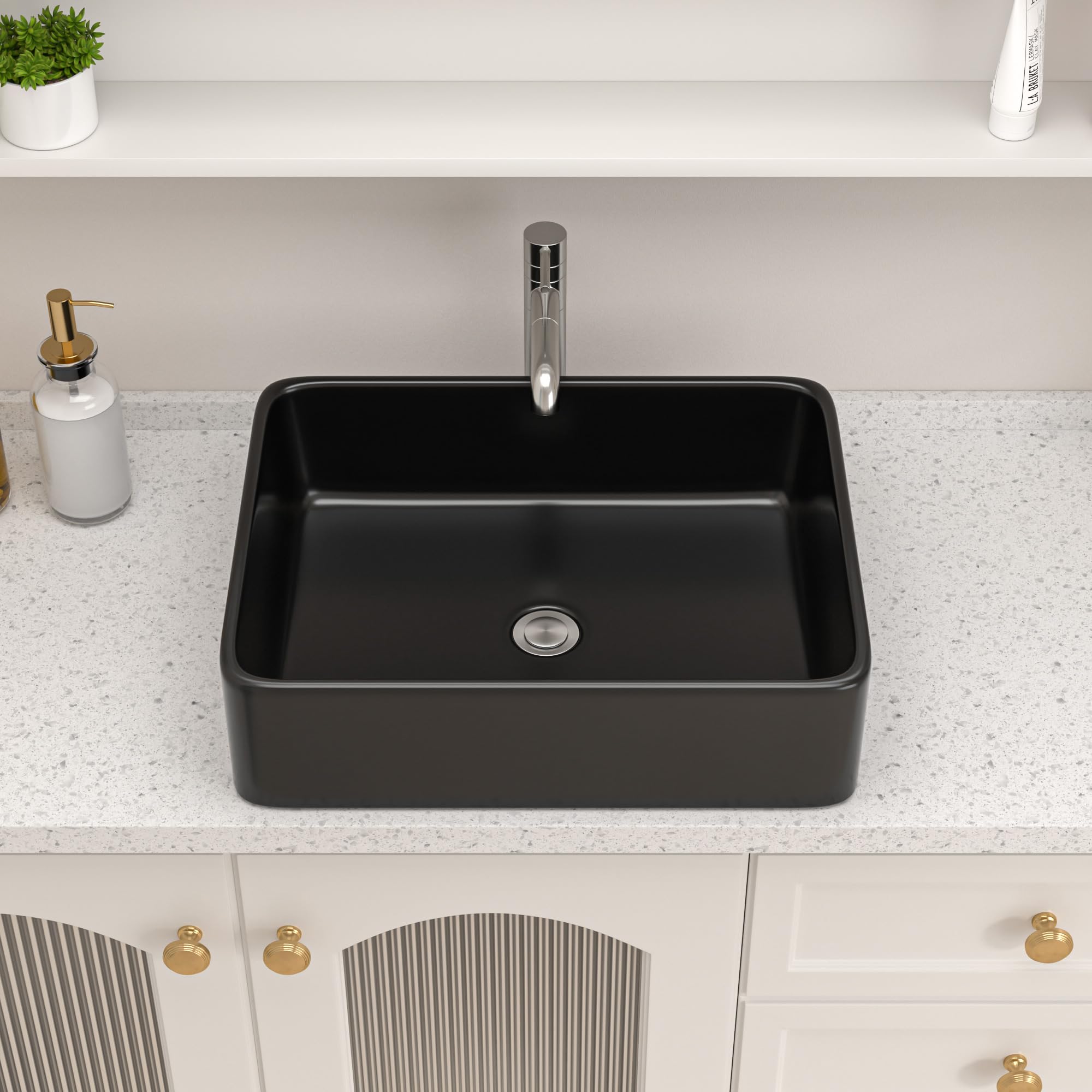 Logmey 19 Inch Black Porcelain Vessel Sink - Modern Rectangular Bathroom Vanity Sink 19x15 Inch, Above Counter Ceramic Art Basin for Contemporary Bathrooms | Perfect for Master Bath, Powder Room & Spa Retreats