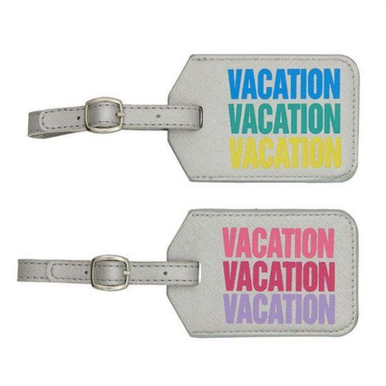 Miamica Saffiano 2-Piece Luxury Luggage Tag Set - Silver Metallic with Vibrant Rainbow Colors (Grey/Blue/Yellow/Pink) - Perfect for Travel, Vacation & Suitcase Identification
