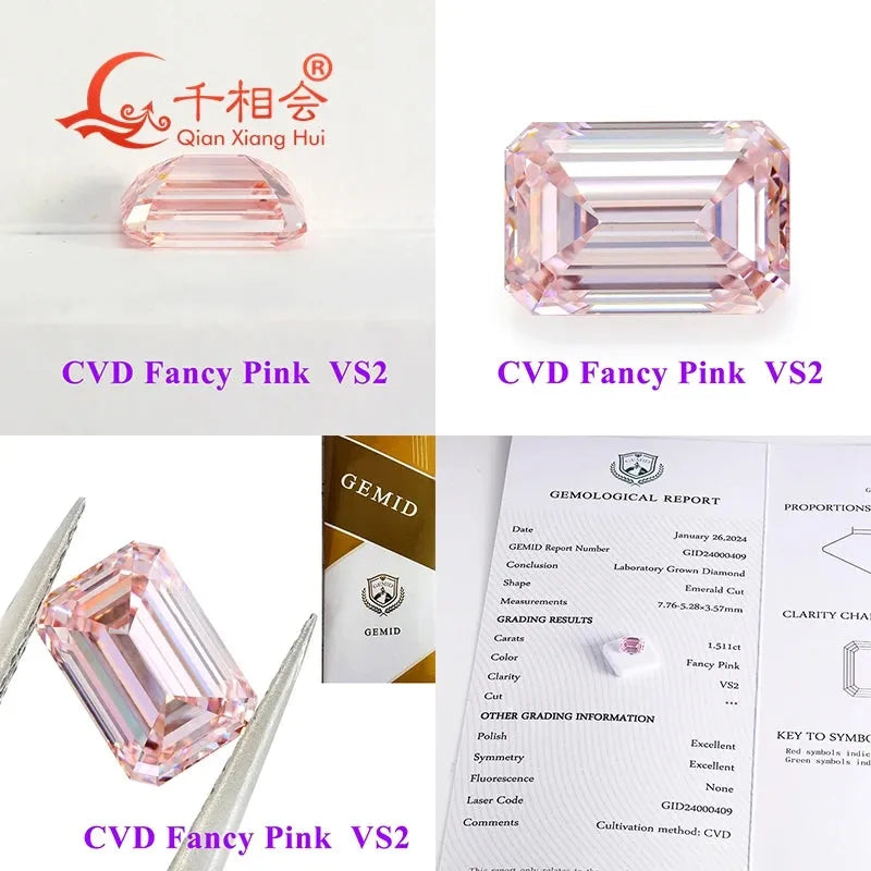 1.511ct CVD Lab Grown Diamond - Fancy Light Pink Emerald Shape, VS/VVS Clarity, GEMID Certified Loose Stone for Engagement Rings & Fine Jewelry