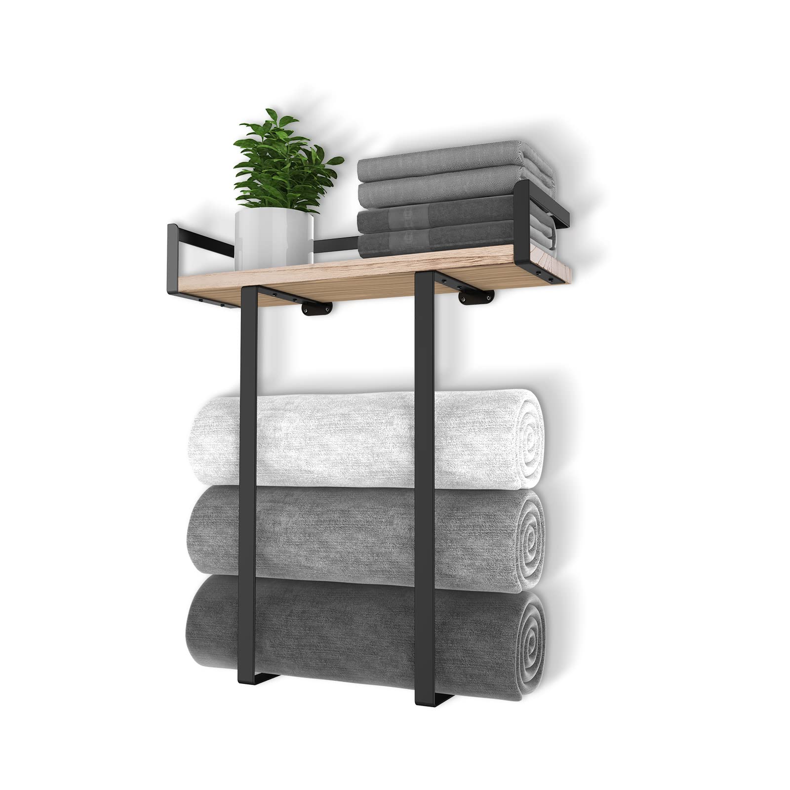 Xstydes Wall Mounted Bathroom Towel Rack with Wooden Shelf - Space Saving Metal Towel Holder for Large Towels, Small Bathroom Organizer & RV Camping Decor - Perfect for Home, Apartment, and Travel Use