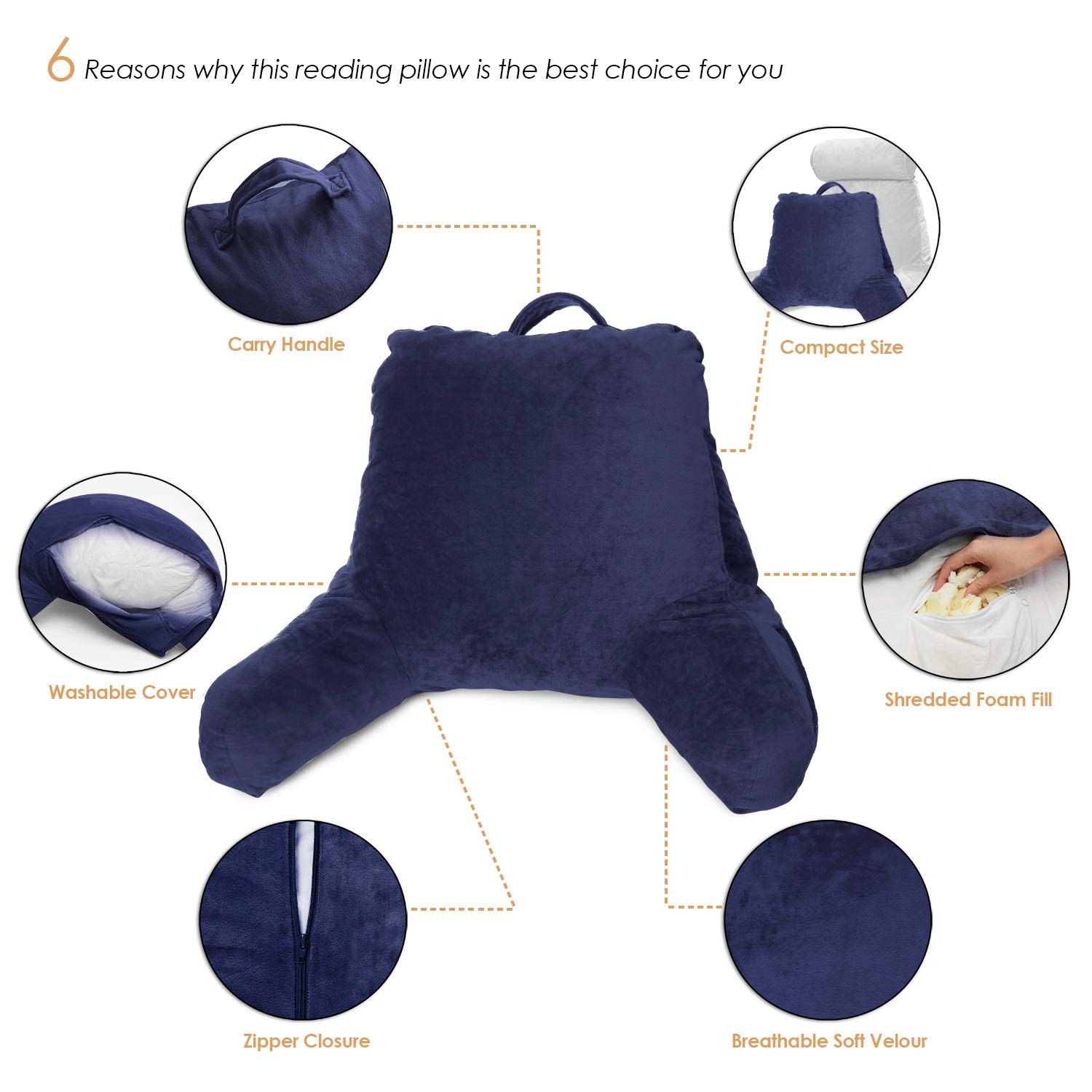 Clara Clark Kids Reading Pillow - Memory Foam Back Support Cushion with Arms & Pockets for Sitting in Bed - Navy Blue Gaming Pillow for Children's Bedroom, Study & Relaxation