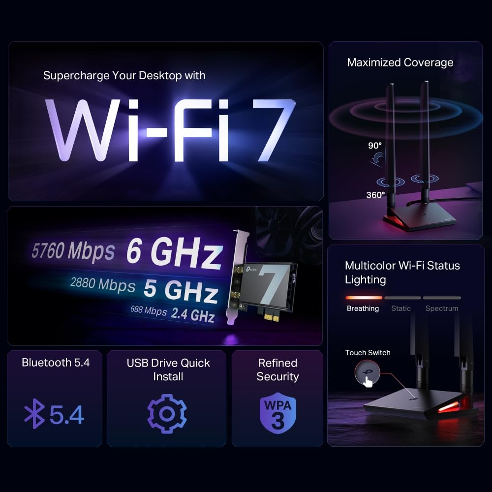 TP-Link Archer TBE550E WiFi 7 PCIe Card | BE9300Mbps Tri-Band Wireless Adapter | Bluetooth 5.4 | Magnetic Antenna Base | WPA3 Security | Windows 11 Compatible | Perfect for Gaming, Streaming & Home Office PCs