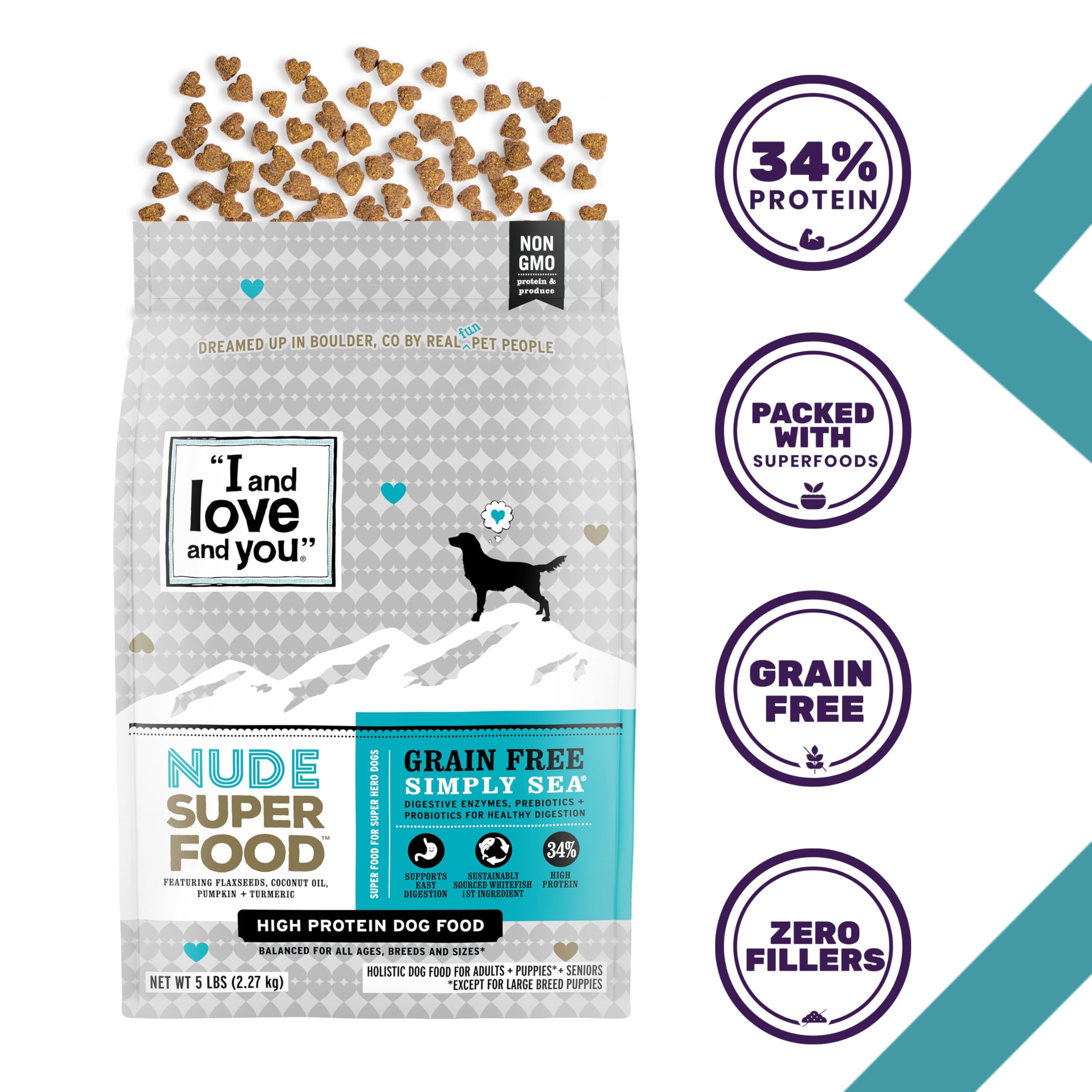Premium Grain-Free Dry Dog Food with Salmon & Whitefish - I AND LOVE AND YOU Nude Super Food Formula - Prebiotic & Probiotic for Digestive Health - Real Meat, No Fillers - 23lb Bag - Ideal for Adult Dogs with Sensitive Stomachs or Allergies