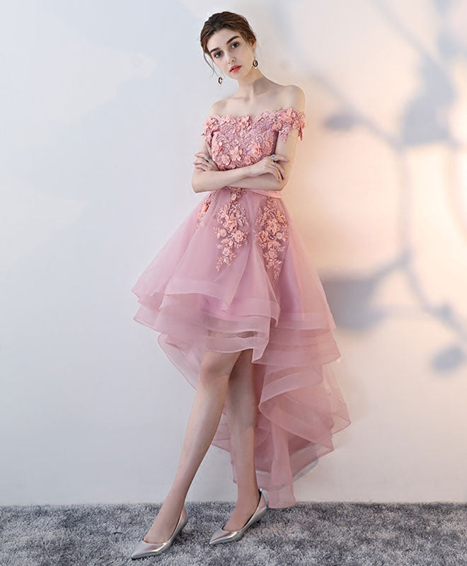 Elegant Pink Lace High-Low Prom Dress for Women | Formal Homecoming Gown | Perfect for Prom Night, Graduation & Special Occasions