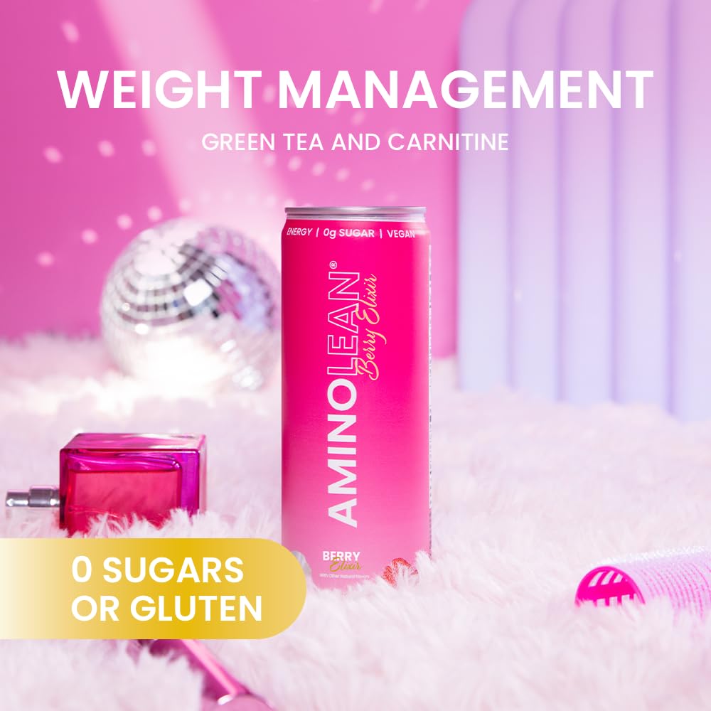RSP NUTRITION AminoLean Sugar Free Energy Drink - Vegan Amino Acids, No Jitters or Crash, Berry Flavor, 12 Pack - Pre-Workout Boost & Post-Workout Recovery