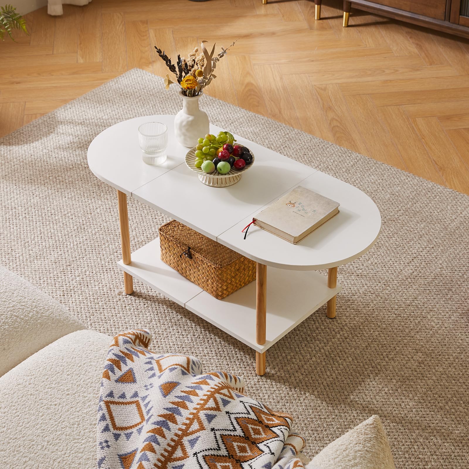 White Oval Coffee Table - Small Wooden 2-Tier Center Table with Splicing Design (35x16x17 Inches) for Living Room, Compact Spaces & Small Apartments - Perfect for Holding Drinks, Books & Decor