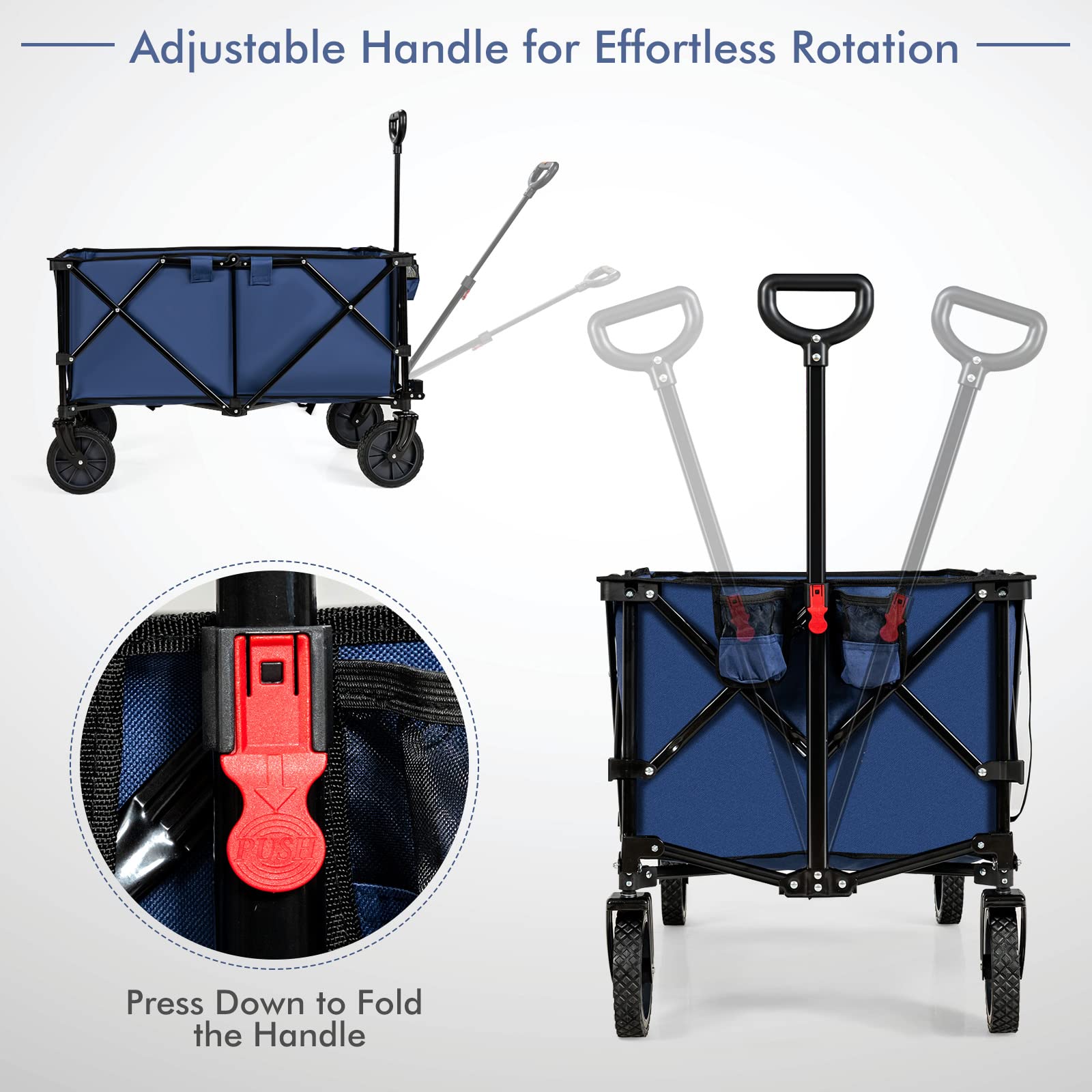Goplus Collapsible Wagon Cart with Universal Wheels, Adjustable Handle & Storage Bag - Heavy Duty Folding Utility Wagon for Grocery Shopping, Camping, Beach, Gardening & Outdoor Activities (Navy Blue)