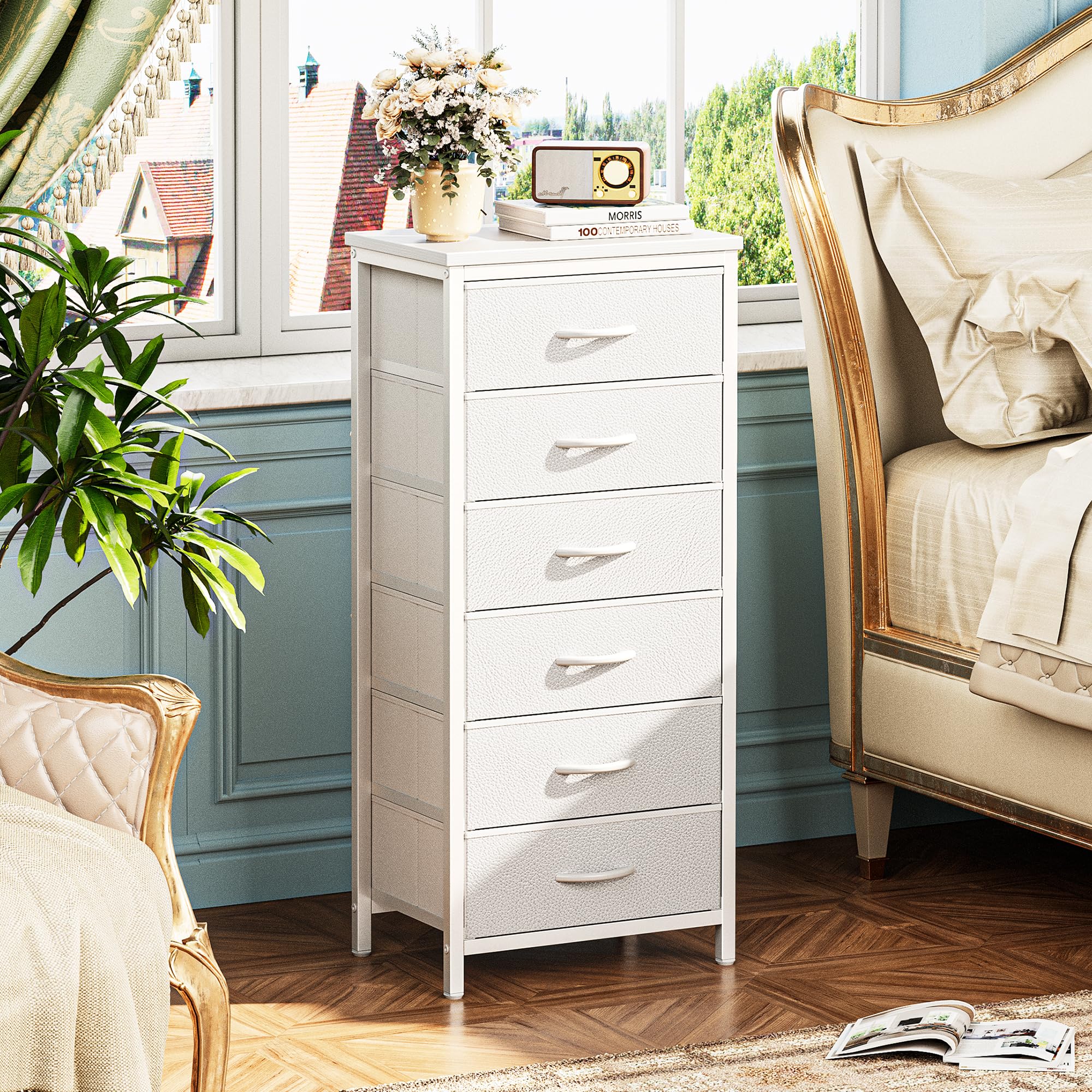 Huuger 6-Drawer Tall Dresser for Bedroom - White Fabric Storage Tower with Metal Frame & PU Leather Bins - Perfect for Closet Organization, Bedroom Storage, Nightstand or End Table - Space-Saving Dresser Chest for Small Spaces