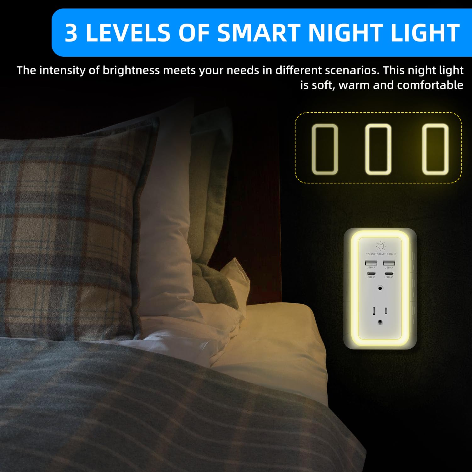 7-Outlet Surge Protector Power Strip with Night Light & 4 USB Ports (2 USB-C & 2 USB-A) - Multi Plug Wall Charger for Home, Office, Travel - ETL Certified for Safety | Perfect for Charging Phones, Laptops & Home Electronics