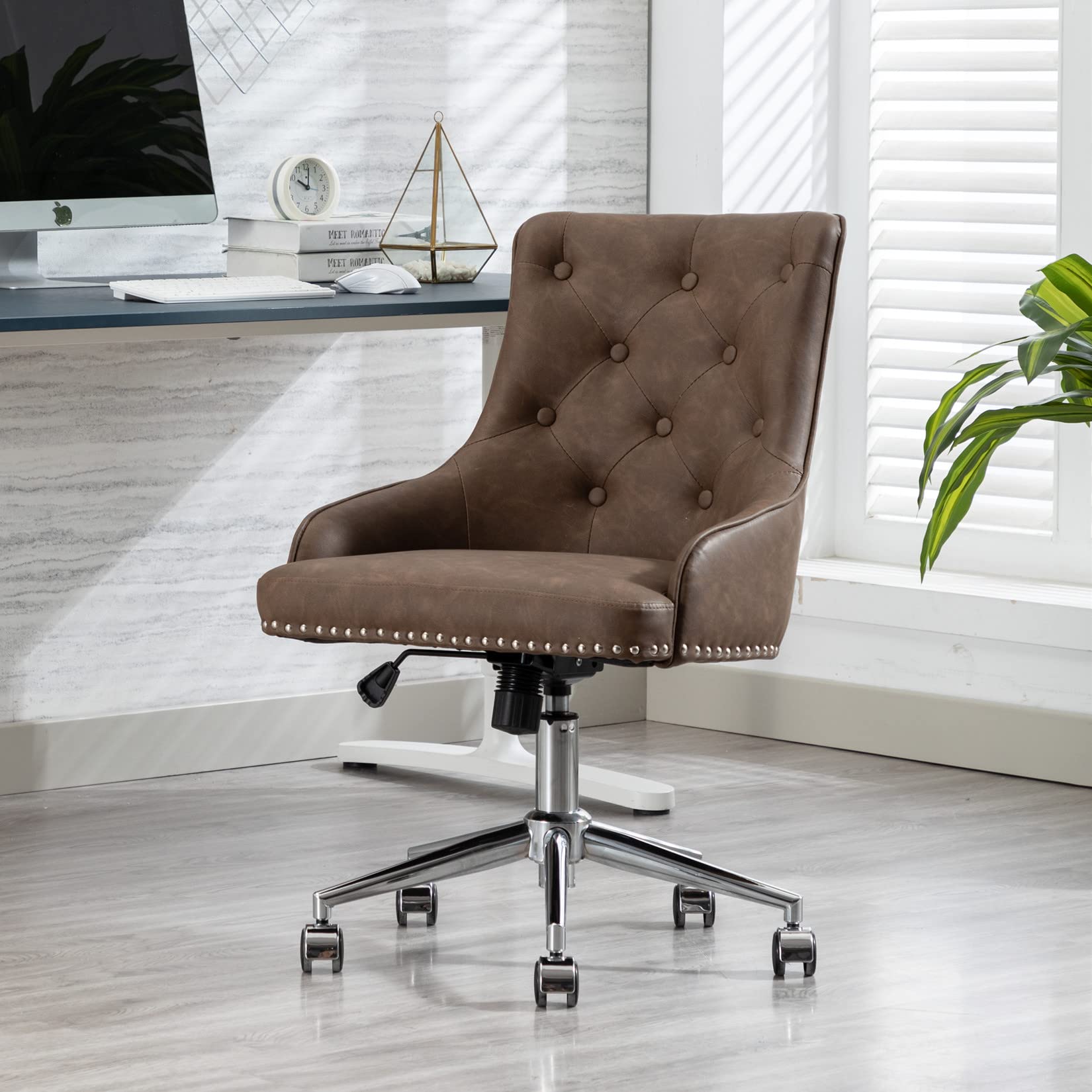 Modern Cute Mid-Back PU Leather Desk Chair with Wheels & Tilt Function - Elegant Brown Home Office Computer Task Chair for Women, Girls - Perfect for Study, Work, Gaming & Living Room Vanity Area