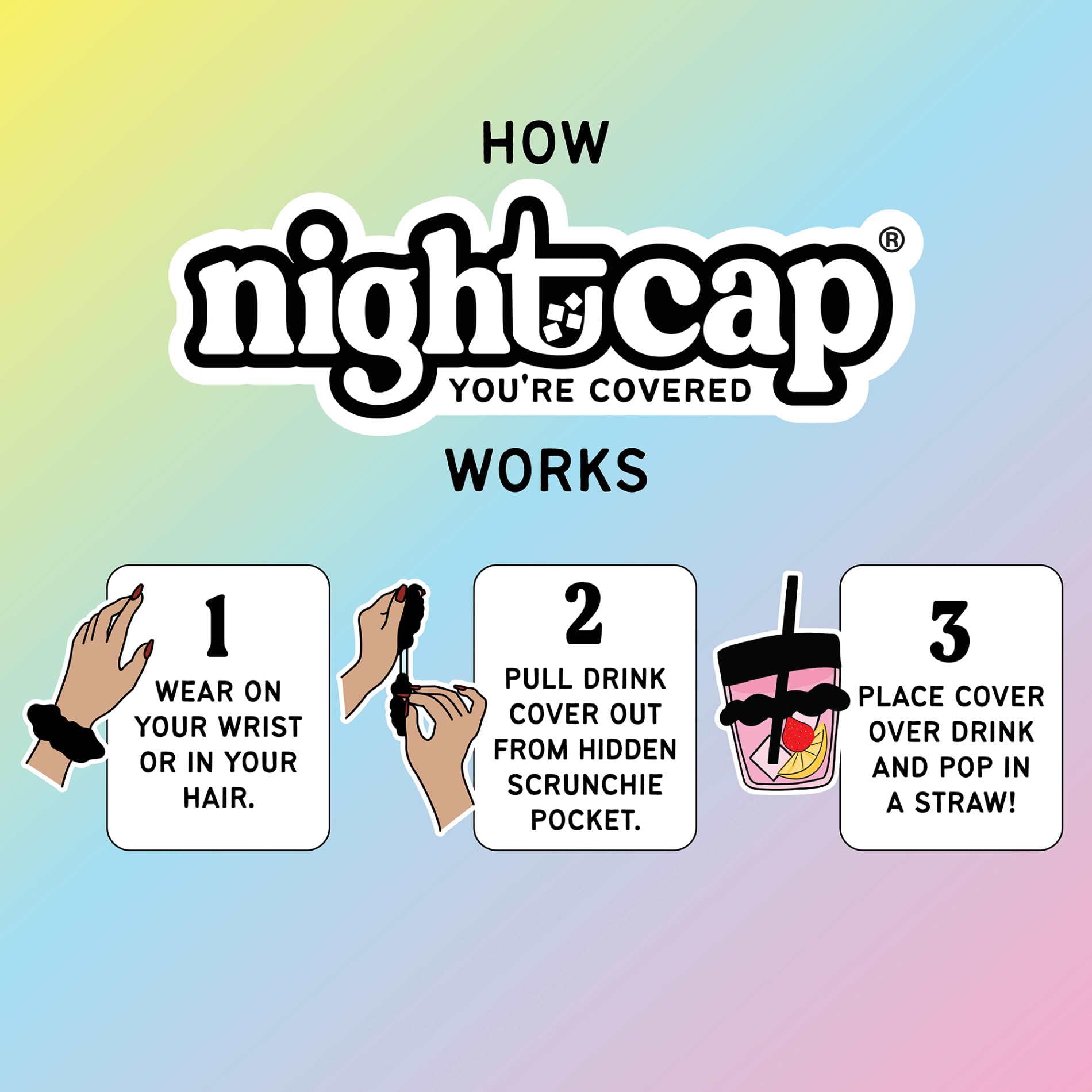 Nightcap The Original Drink Cover Scrunchie, 20 Pack Black – Reusable Hair & Wrist Band for Drink Protection | As Seen On Shark Tank & TikTok | Prevent Drink Spiking with Sanitary Pocket | Perfect for Bars, Parties, Travel & College Events