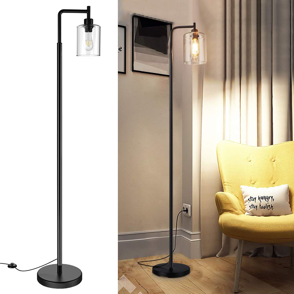 DLLT Industrial LED Floor Lamp with Clear Glass Shade - Tall Standing Light for Bedroom, Living Room & Office - Adjustable Reading Light with E26 Socket - Modern Black Pole Light for Home Decor & Workspace Lighting