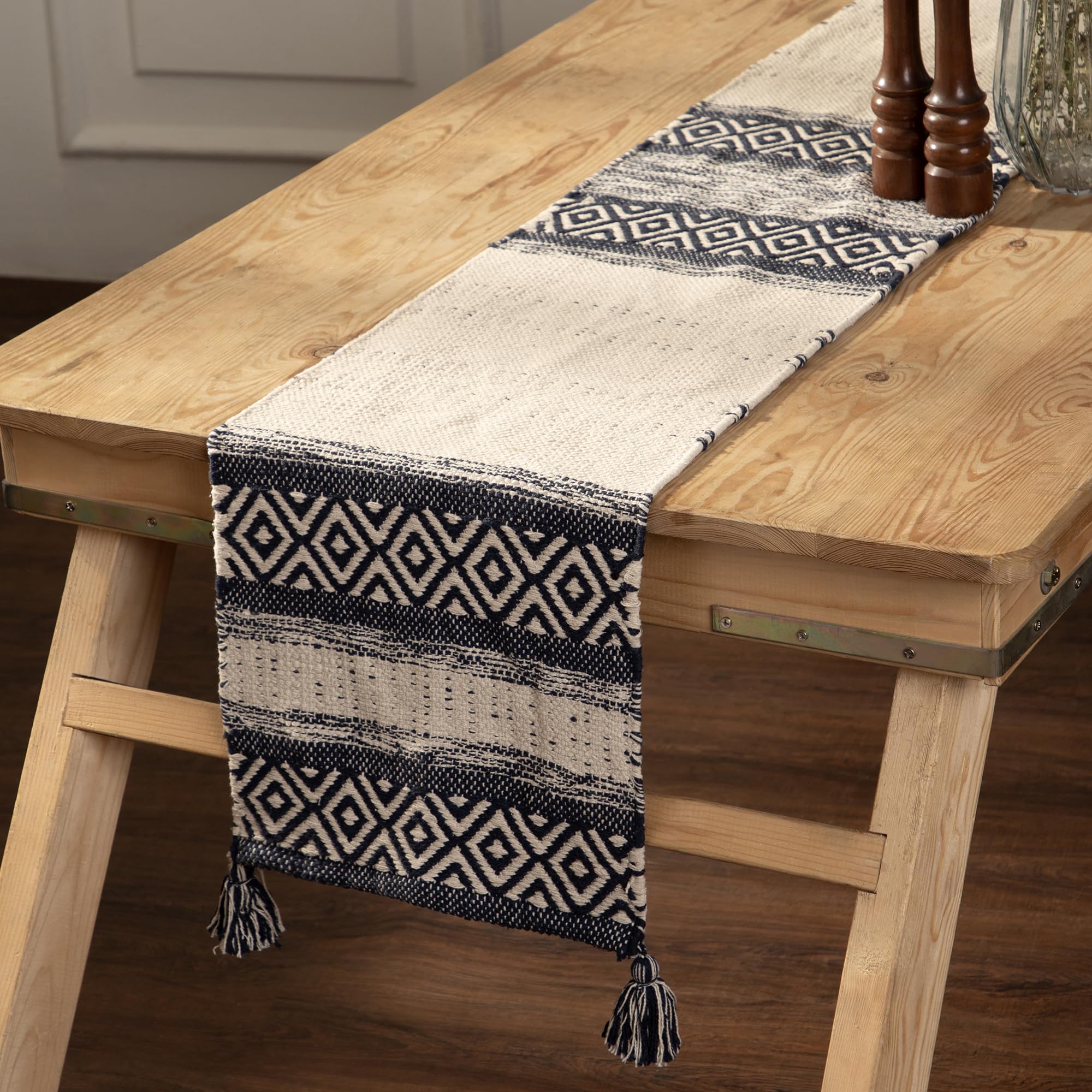 REDEARTH Hand Woven Boho Table Runner - 100% Cotton Decorative Table Cover for Dining Table, Coffee Table, Console & Dresser - 13x72 Inch Artisan Made Home Decor (Indigo) | Perfect for Boho Chic Dining, Farmhouse Decor & Wedding Table Settings