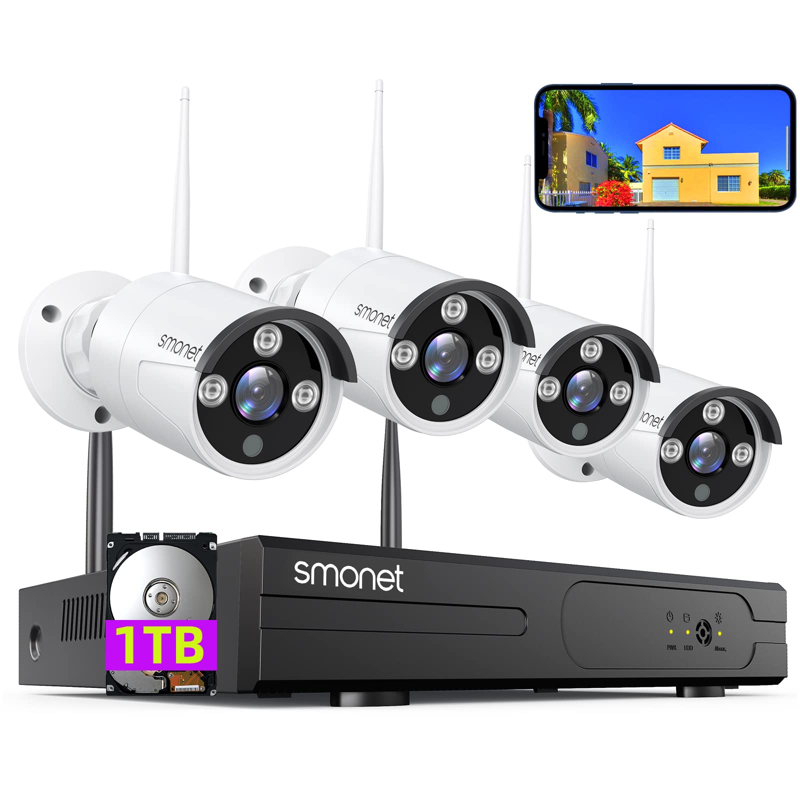SMONET 8 Channel 1080P Wireless Security Camera System with 4pcs 2MP HD Cameras, 1TB HDD, Night Vision & Motion Detection - Indoor/Outdoor Home Surveillance DVR Kit for 24/7 Recording (Ideal for Home, Office, Garage & Backyard Security)
