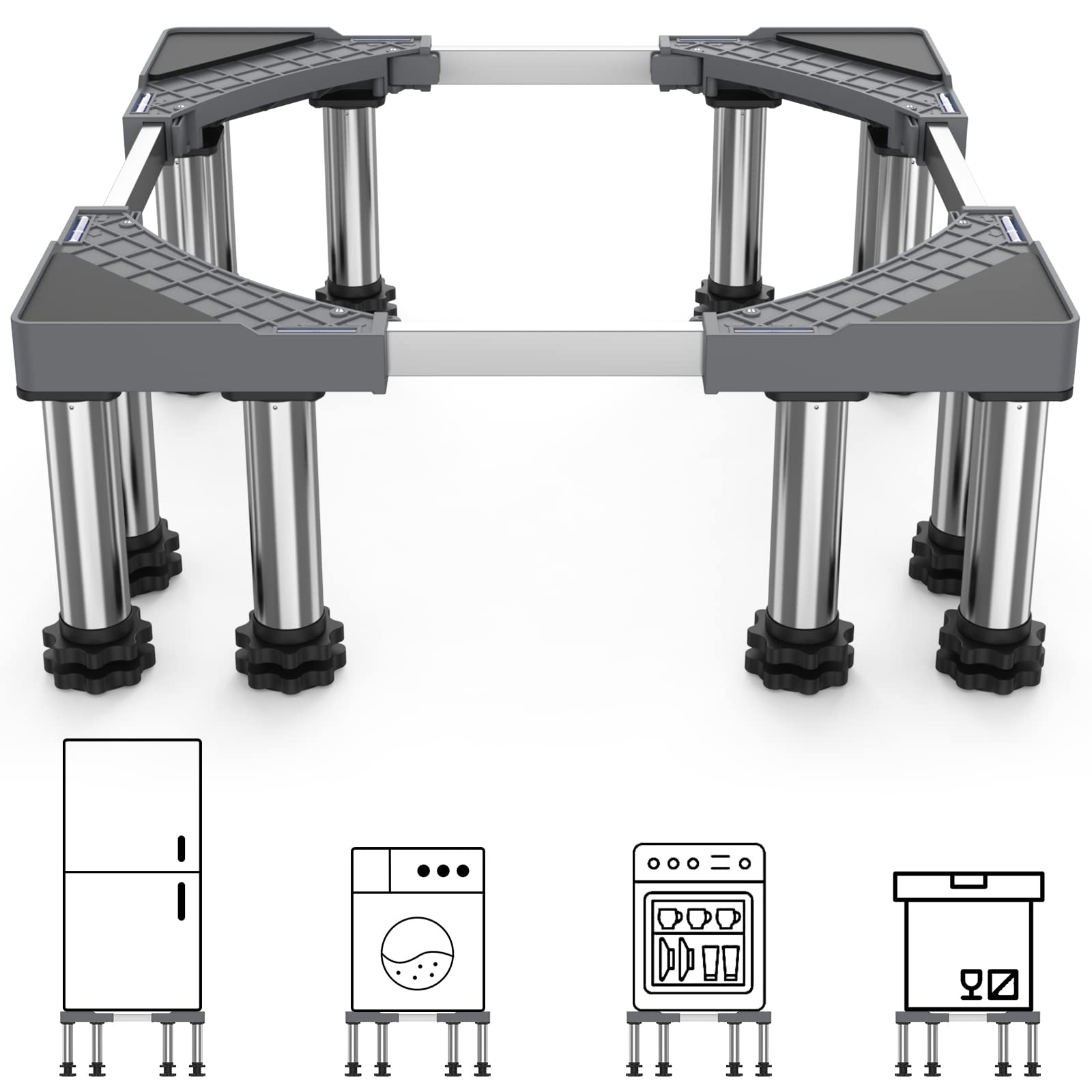 SEISSO Adjustable Mini Fridge Stand with 12 Stainless Steel Feet - Heavy Duty 1100LB Capacity Base for Refrigerators, Washing Machines & Dryers (7-8.6 Inch Height, Grey) - Perfect for Laundry Rooms, Basements & Small Apartments