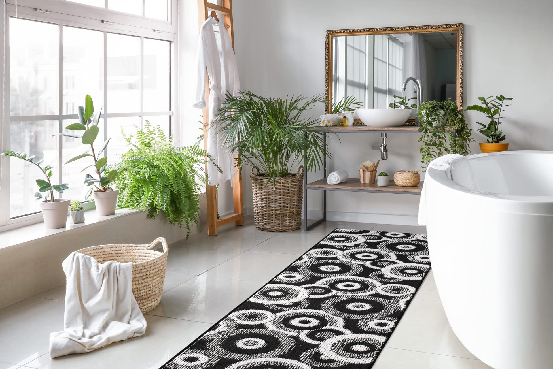 Non-Slip Bathroom Vanity Sink Runner Rug - Waterproof Rubber Backed Machine Washable Floor Mat for Double Sink Bathrooms (26.5