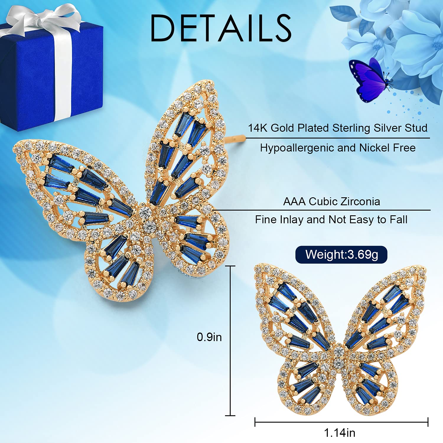 Sparkling Rhinestone Butterfly Bow Earrings for Women - 14K Gold Plated Cubic Zirconia Sterling Silver Stud Drop Dangle Earrings - Hypoallergenic Valentine's Day Gift for Mom, Brides, Prom & Wedding Jewelry - Perfect for Parties, Date Nights & Special Occasions