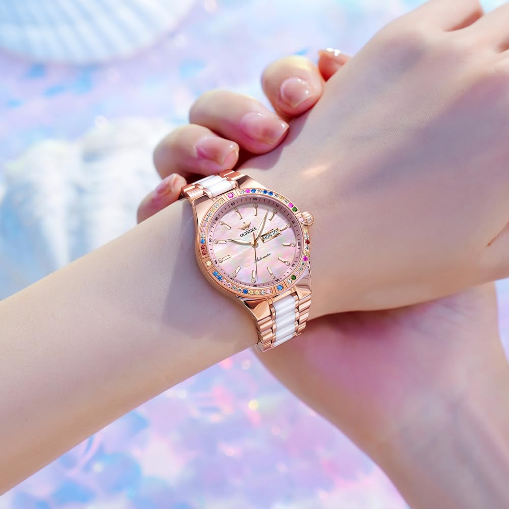 Luxury Diamond Women's Automatic Watch - Self-Winding Stainless Steel with Sapphire Crystal & Ceramic Band - Elegant Dress Watch for Business, Party & Special Occasions