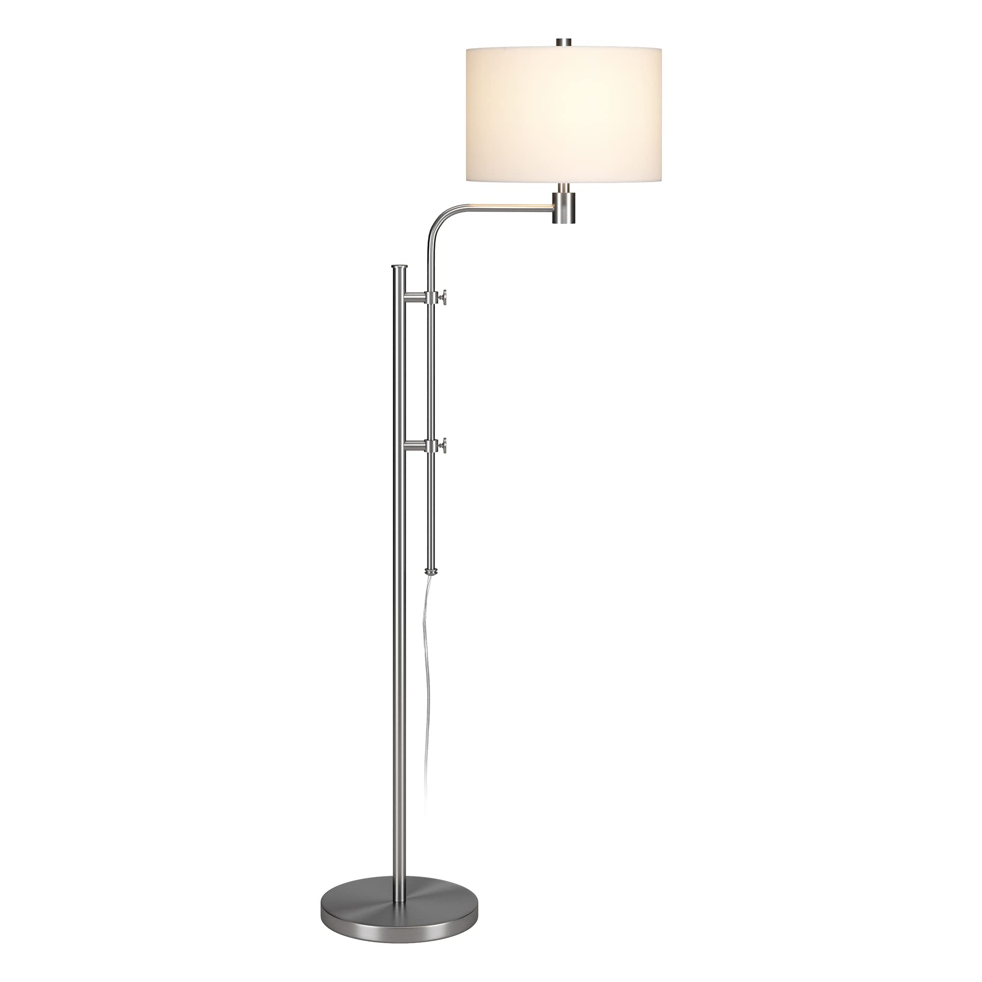 Henn&Hart Adjustable Floor Lamp with Fabric Shade - Brushed Nickel Finish for Living Room, Bedroom, Office | Modern Lighting for Reading, Working & Relaxing