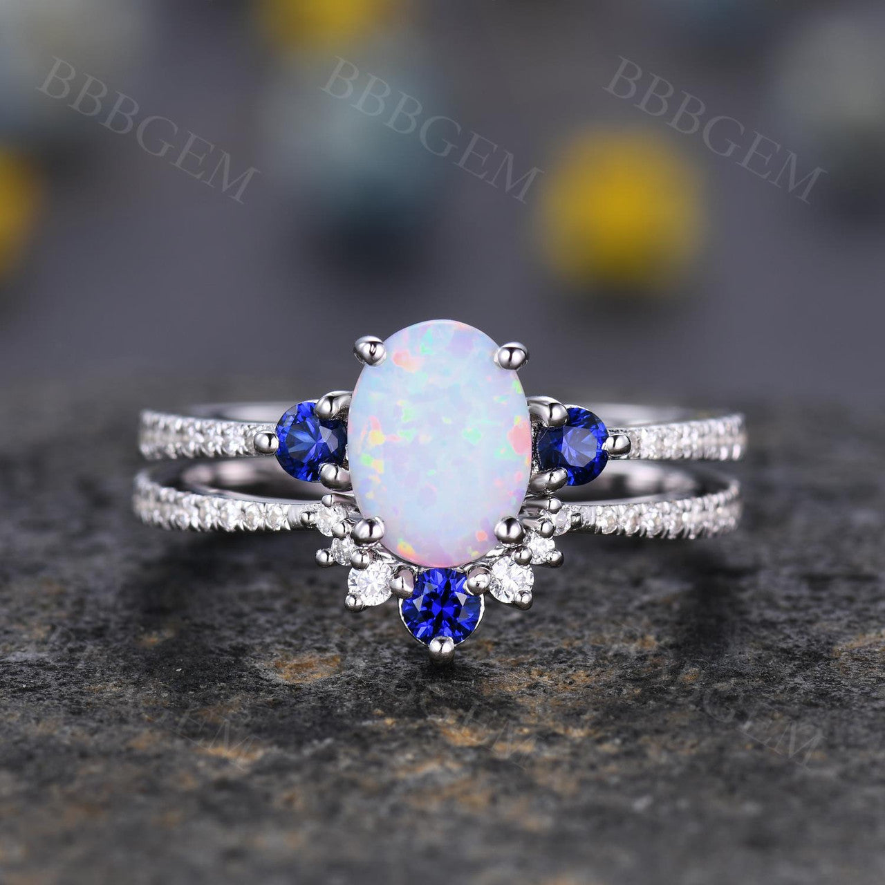 Antique Vintage Style Sapphire Opal Bridal Ring Set with Diamond Accents - Matching Wedding Band & Engagement Ring for Women - Perfect for Bridal Jewelry, Anniversary Gifts & Special Occasions