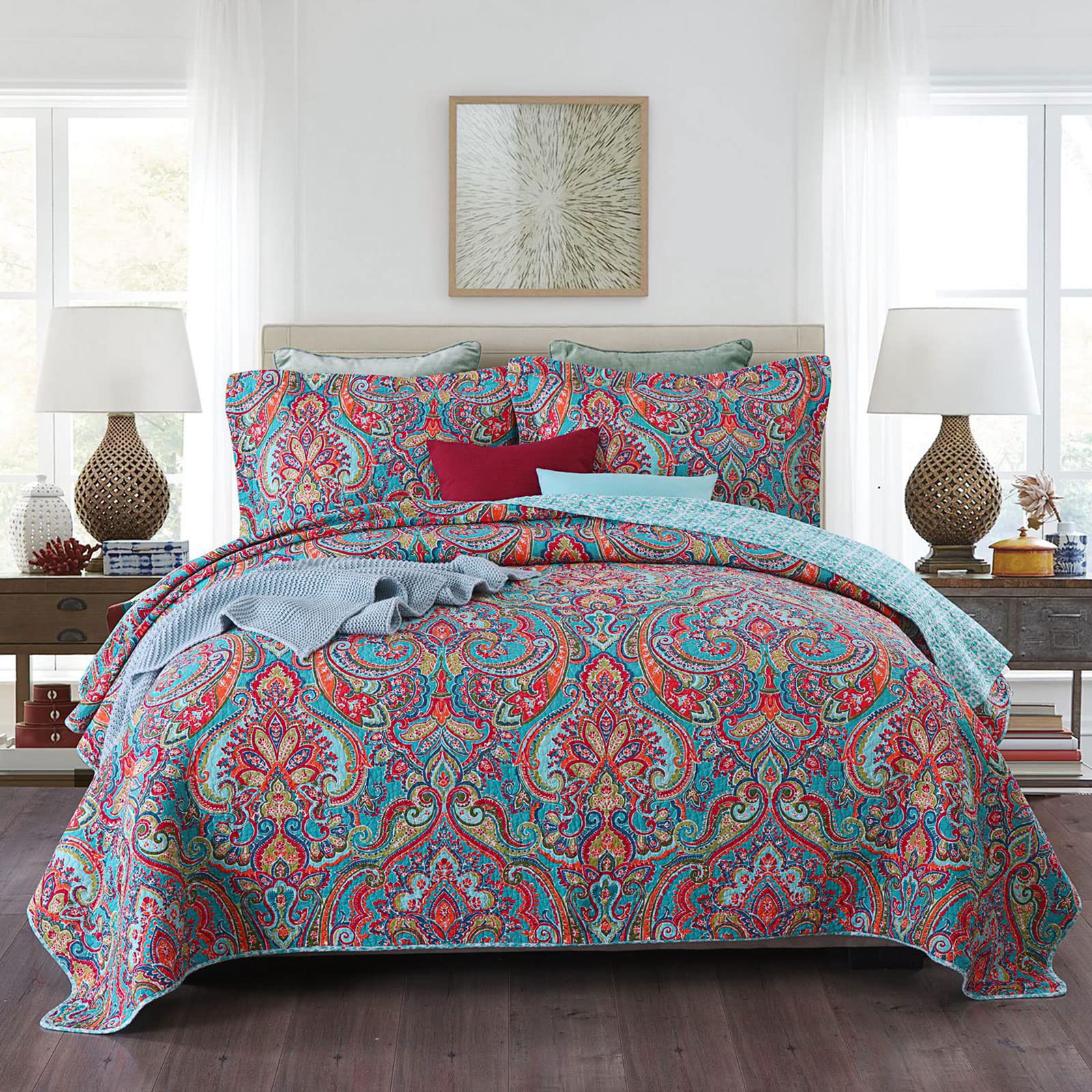 Qucover King Size Quilt - Vintage Floral Paisley Design, Soft Cotton Microfiber Lightweight Summer Comforter Set with Pillow Shams (98x106 Inches) - Perfect for Bedroom Decor, Guest Room & Cozy Summer Nights