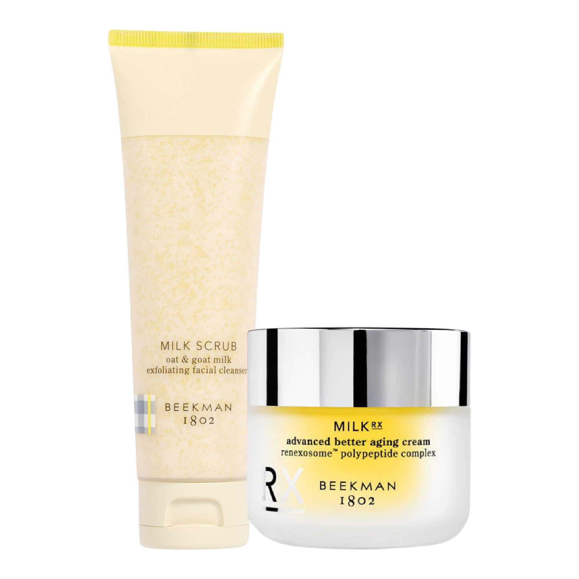 Beekman 1802 Oat & Goat Milk Exfoliating Face Scrub (3 fl oz) + Milk RX Anti-Aging Cream (1.69 fl oz) - Sensitive Skin Care Set - Vegan & Cruelty Free - Gentle Exfoliation & Hydration for Daily Skincare Routine