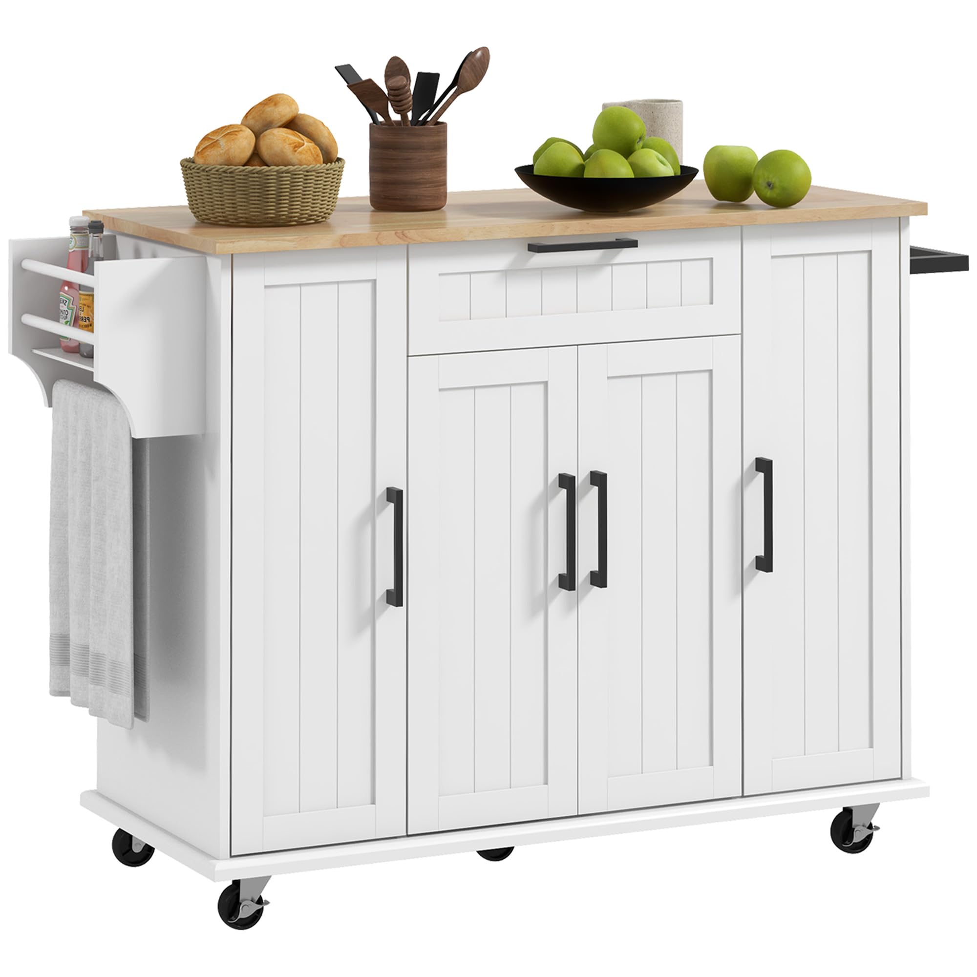 HOMCOM White Kitchen Island Cart on Wheels with Rubberwood Top - Rolling Kitchen Storage Cabinet with Drawer, Spice Rack, Towel Rack & Adjustable Shelves - Perfect for Small Kitchens, Apartments & Food Prep Stations