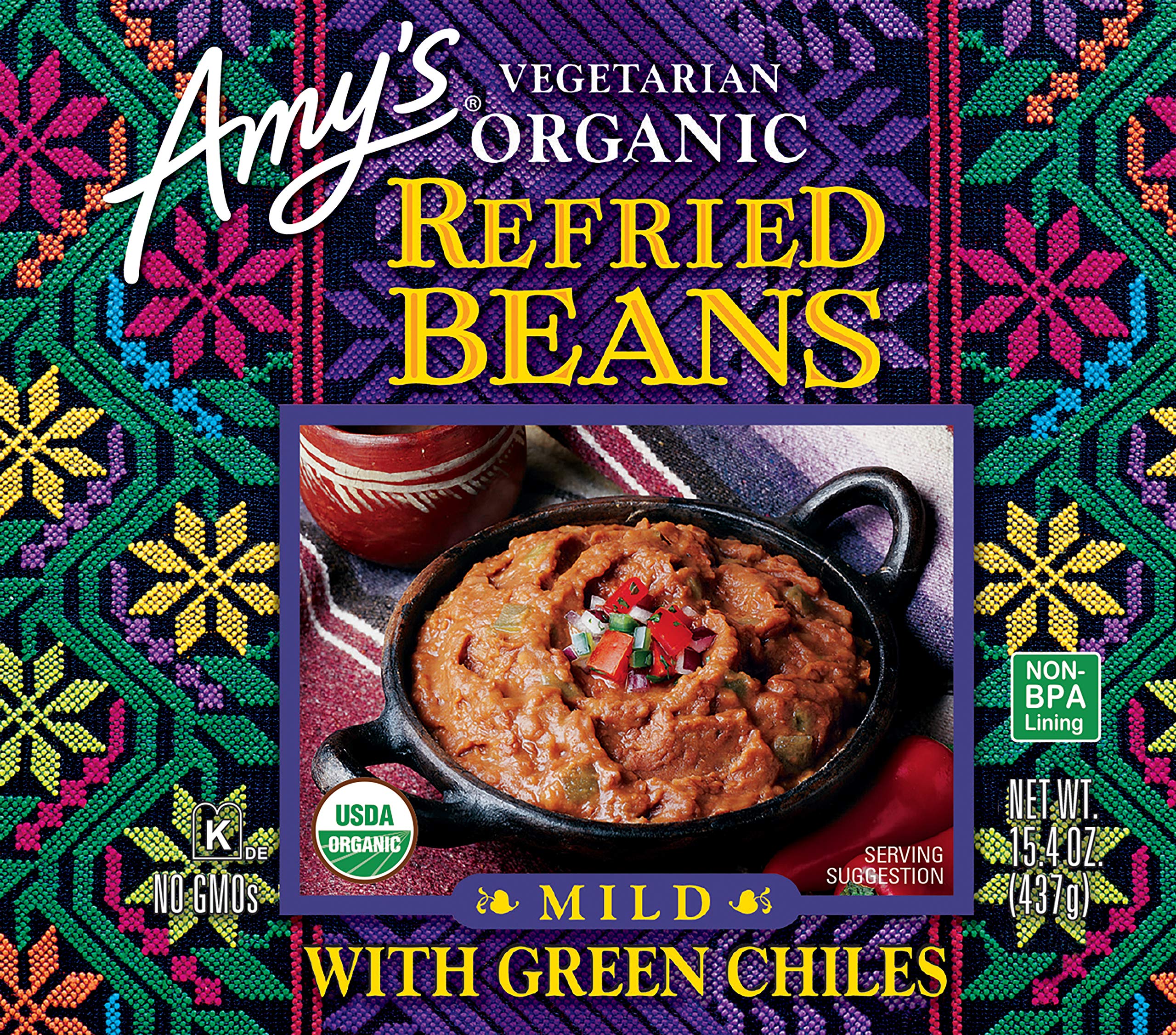 Amy's Organic Refried Beans with Green Chiles - Vegan, Gluten Free, Vegetarian Canned Beans, 15.4 Oz (Pack of 12) | Perfect for Tacos, Burritos & Healthy Mexican Meals