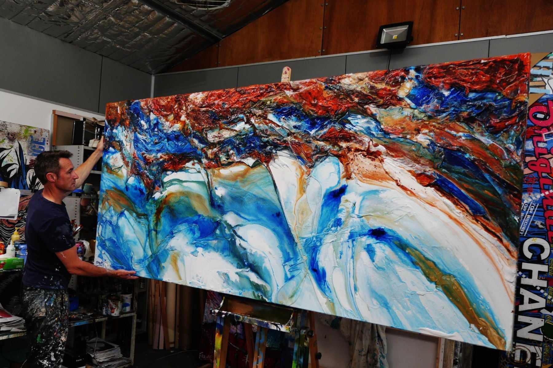 Coastal Heart 270cm x 120cm Blue Orange White Textured Abstract Canvas Art - Perfect for Living Room, Bedroom & Office Wall Decor