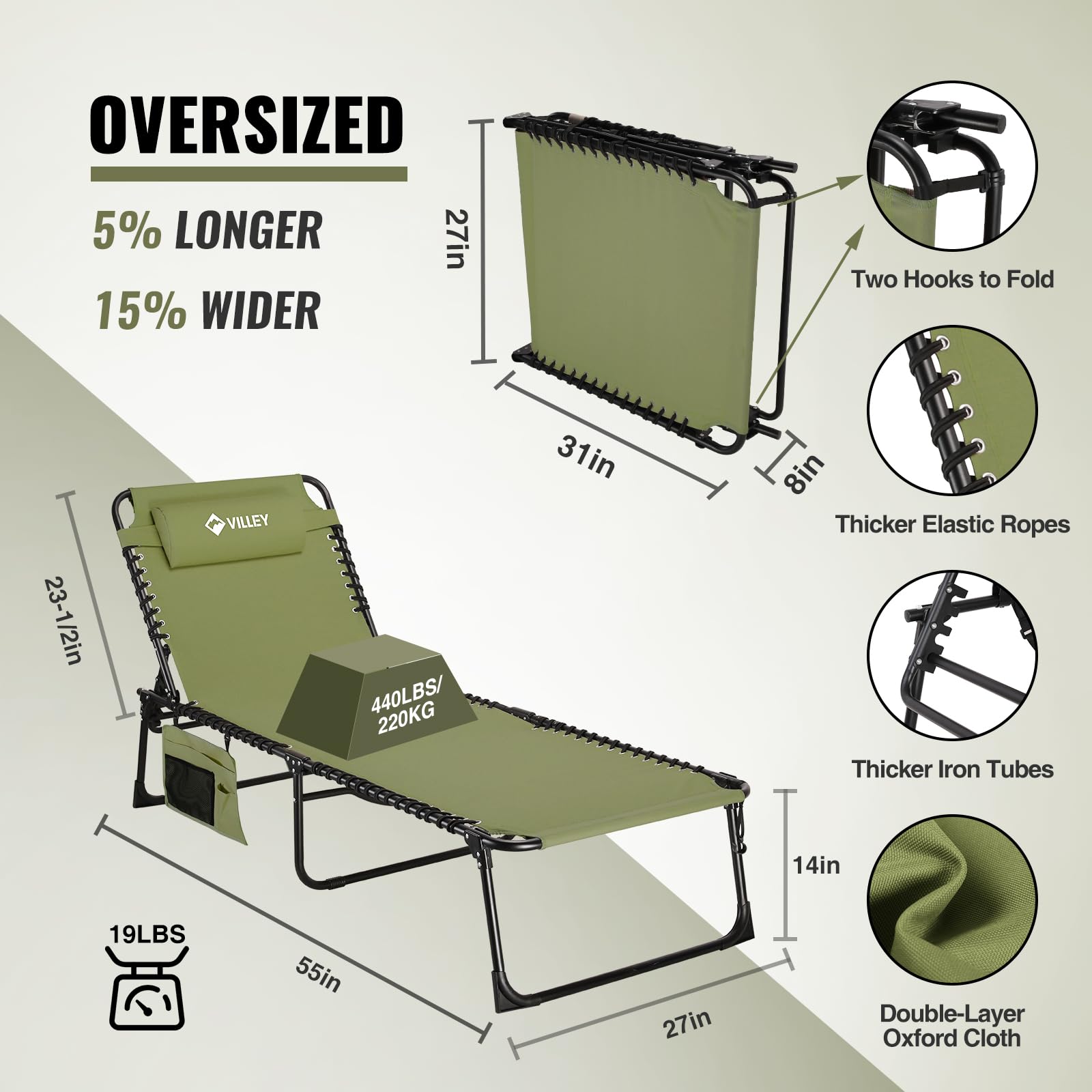VILLEY Oversized Chaise Lounge Outdoor - Heavy Duty Folding Lounge Chair for Patio, Beach, Camping - Portable Trifold Sun Lounger with 5 Adjustable Positions - Perfect for Backyard Relaxation, Poolside Lounging & Beach Vacations