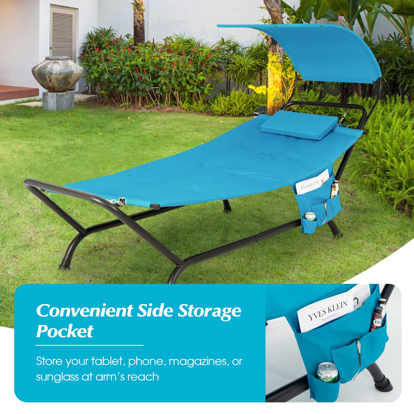Giantex Heavy Duty Hanging Hammock with Stand - Outdoor Patio Swing Bed with Canopy, Cushion, Pillow & Storage Bag - Blue Chaise Lounge Chair for Garden, Backyard, Poolside, Porch - Perfect for Relaxing, Sunbathing and Outdoor Lounging