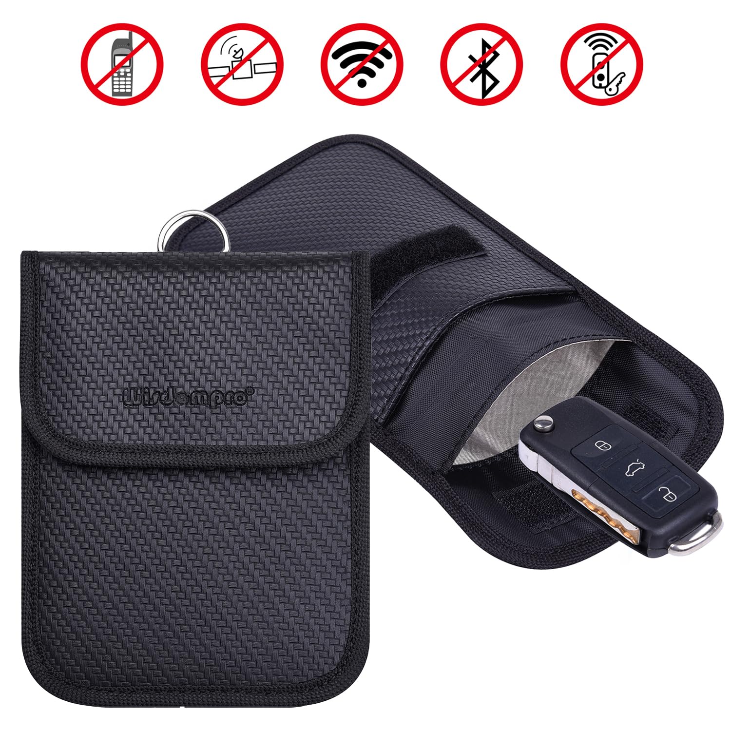 Wisdompro Faraday Pouch for Car Keys (2 Pack) - RFID Signal Blocking Bag, Anti-Theft Keyless Entry Protector - PU Leather Black | Prevent Car Hacking & Protect Key Fobs at Home, Travel or Parking