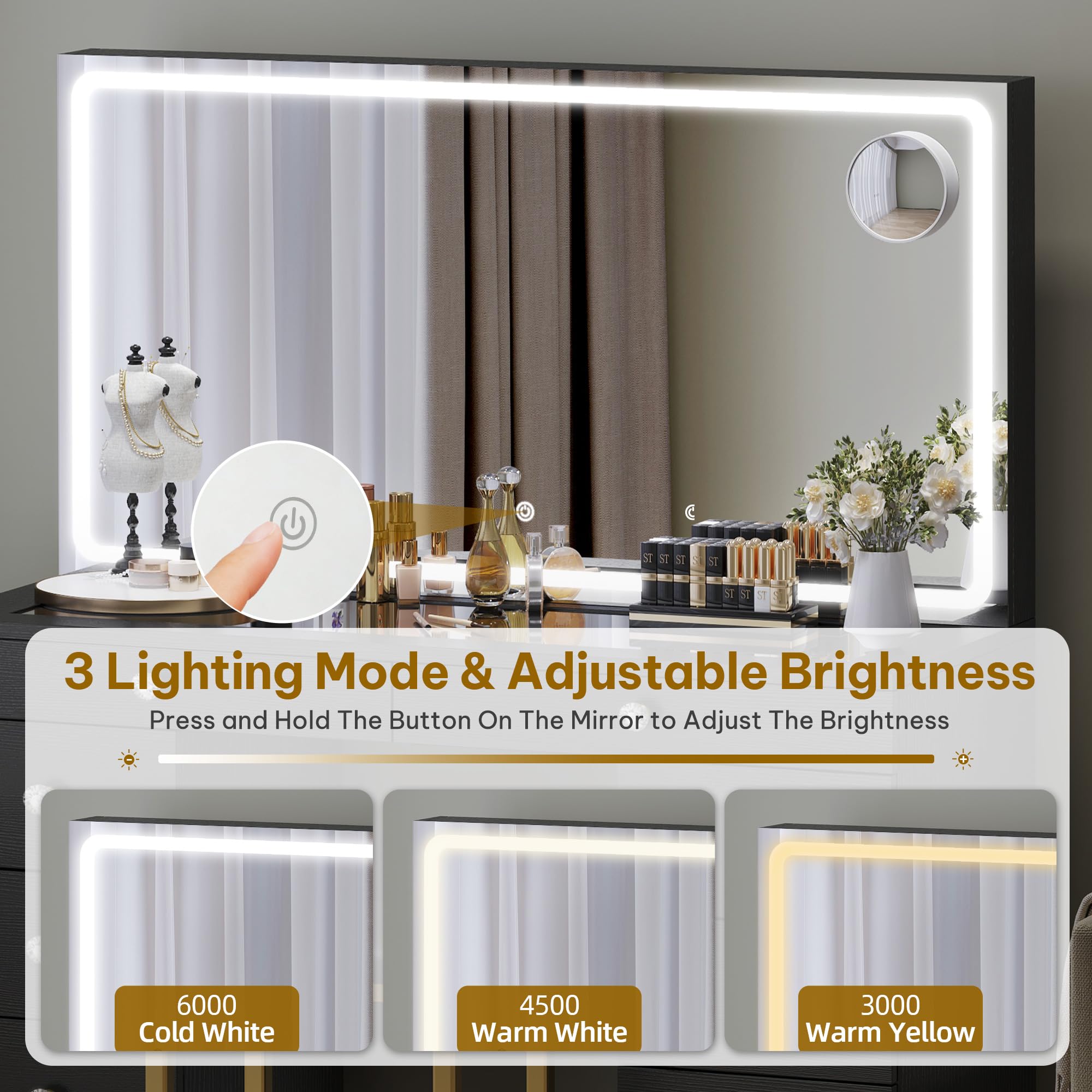 DWVO Vanity Desk with LED Lighted Mirror, Power Outlet & Magnifying Glass - 8 Drawer Makeup Dressing Table with 3 Color Modes (Black) for Bedroom, Dressing Room & Home Salon | Perfect for Makeup Application, Skincare Routine & Hair Styling