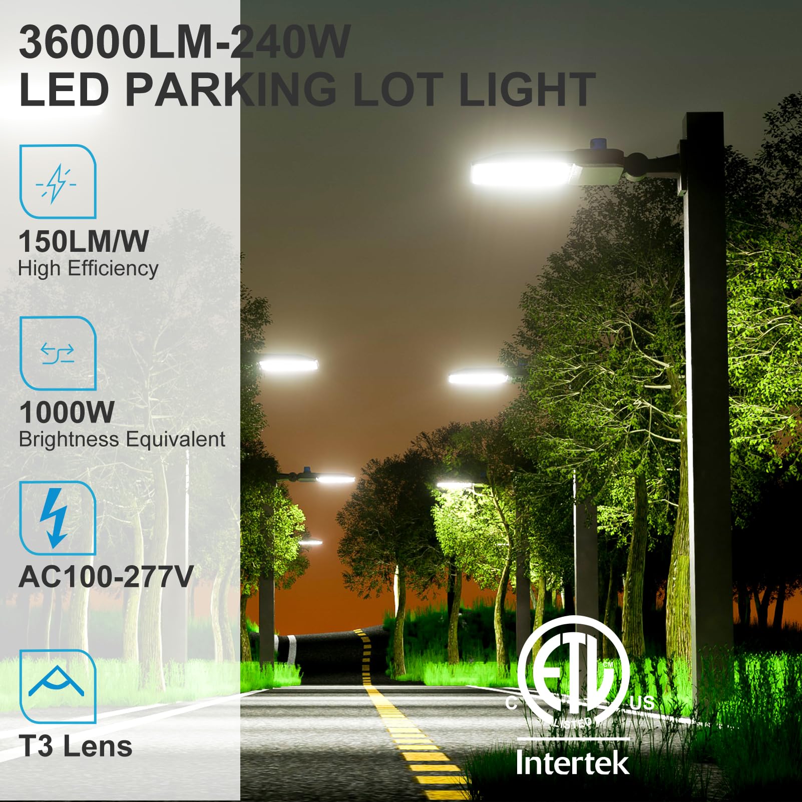 240W LED Parking Lot Lights (240x1W) - 36000LM, 150LM/W, 5000K Daylight, ETL Certified - Smart Photocell Outdoor Pole Lights for Commercial Use (30-40ft Height) - 2 Pack with 7-Year Warranty | Ideal for Parking Lots, Gas Stations, Warehouses & Industrial Areas