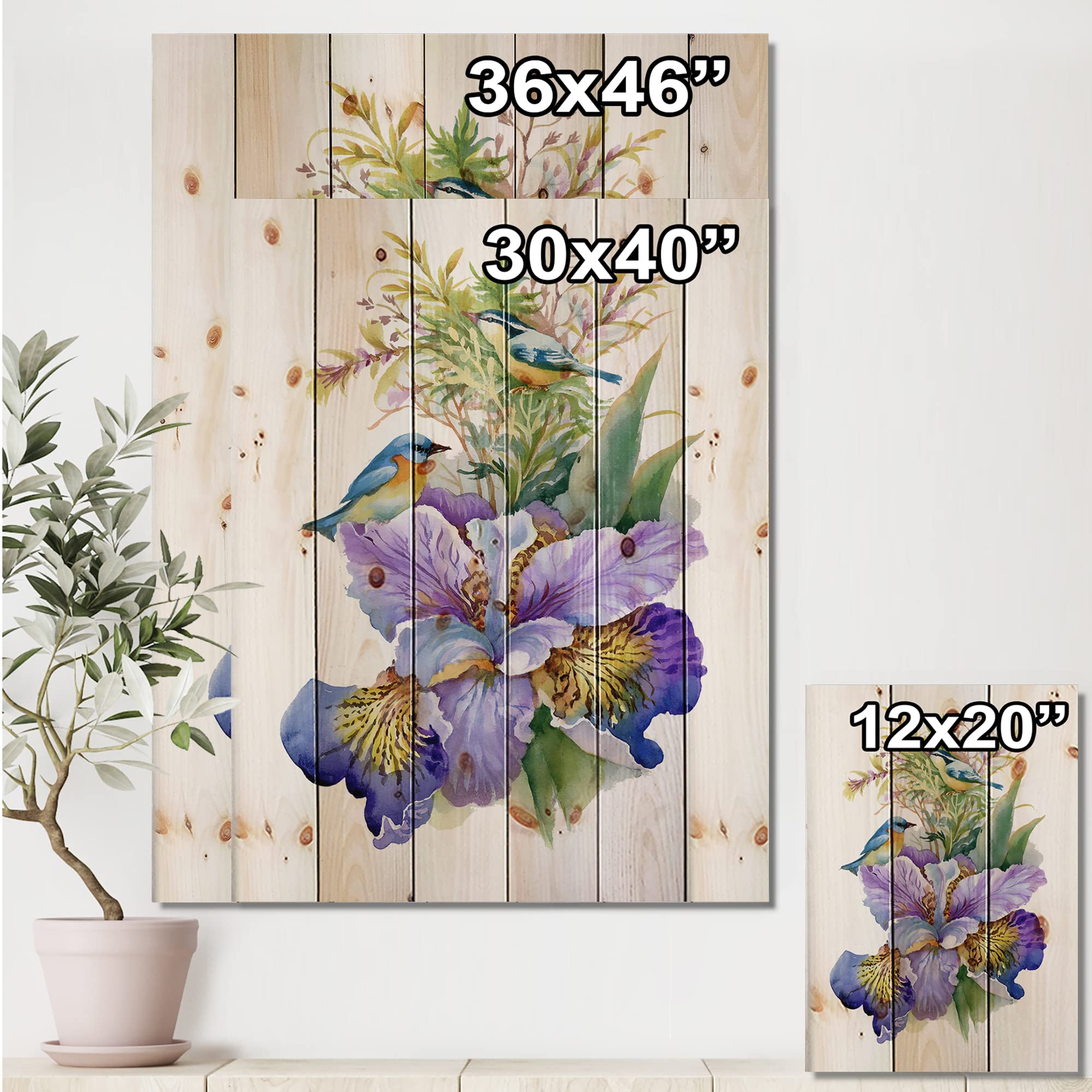 DesignQ Purple Iris with Birds Traditional Wood Wall Decor - Large Floral Wood Wall Art Panel Printed on Natural Pine - Perfect for Living Room, Bedroom & Office Decor