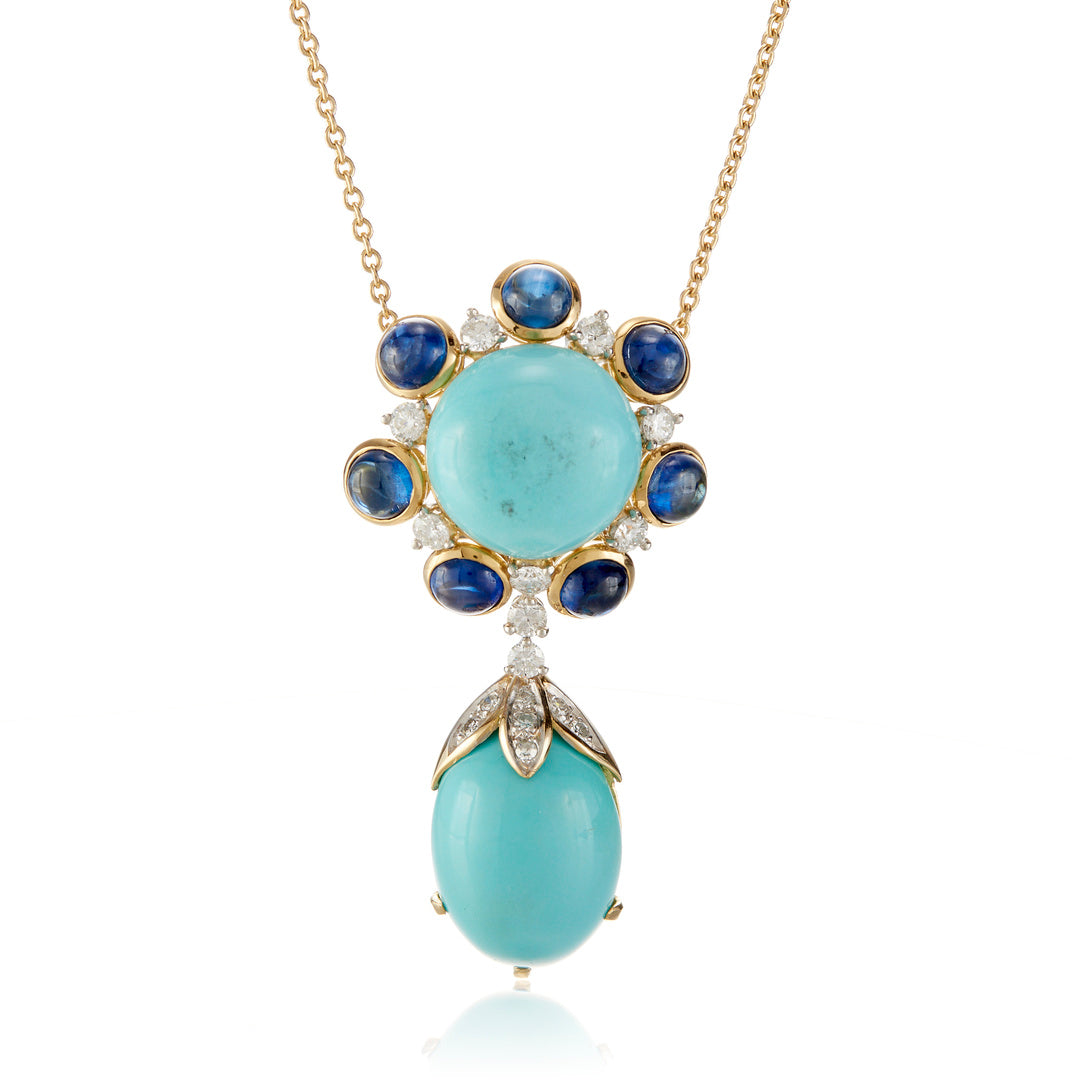 Exquisite Turquoise, Sapphire & Diamond Cluster Pendant Necklace for Women | Elegant Jewelry Gift for Birthday, Anniversary & Special Occasions | Perfect for Weddings, Parties & Evening Events
