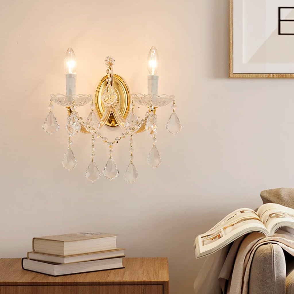 Crystal Wall Sconce Lights - Modern 2-Light Maria Theresa Style Gold Wall Lamp Fixture for Bedroom, Living Room, Hallway | Elegant Lighting for Home Decor, Bedside Reading & Corridor Ambiance