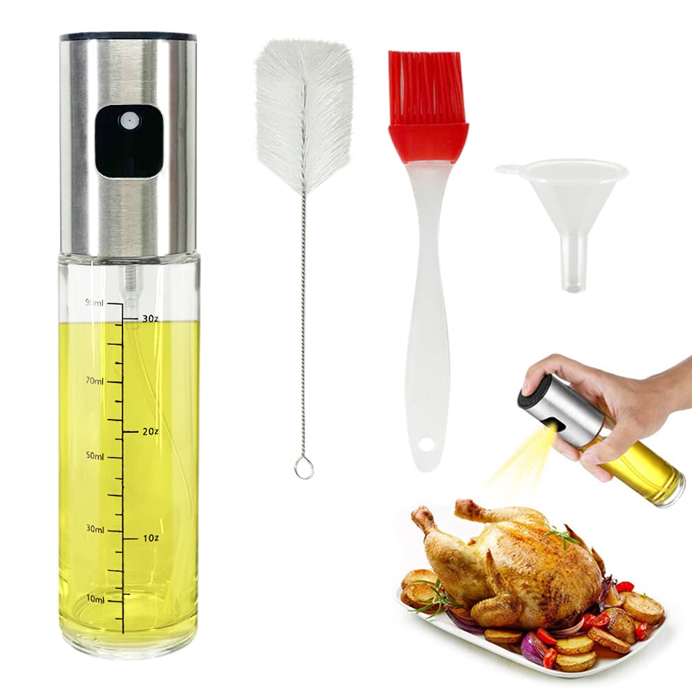 YAOTROOP 100ml Glass Oil Spray Bottle - Olive Oil Dispenser with Brush for Cooking, Grilling, Baking & Salad Dressing | Portable Vinegar Sprayer for Kitchen, BBQ, Air Fryer & Roasting | Perfect for Healthy Cooking & Meal Prep