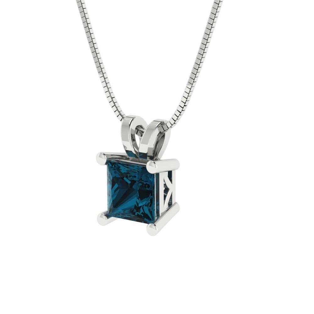 3.0ct Natural London Blue Topaz Princess Cut Solitaire Pendant Necklace - 14K White Gold with 16