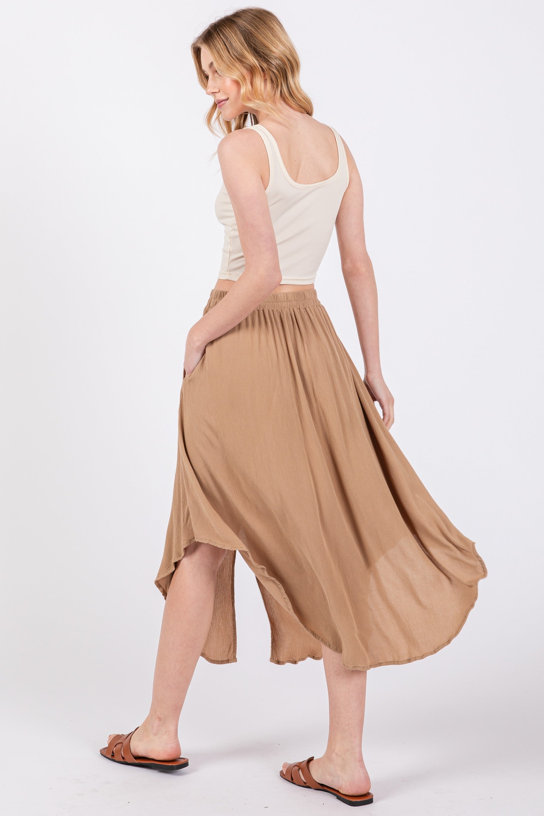 Beige Button Accent Round Hem Skirt for Women - Casual A-Line Midi Skirt with Front Buttons & Flowy Silhouette | Perfect for Office, Date Night & Spring Outfits