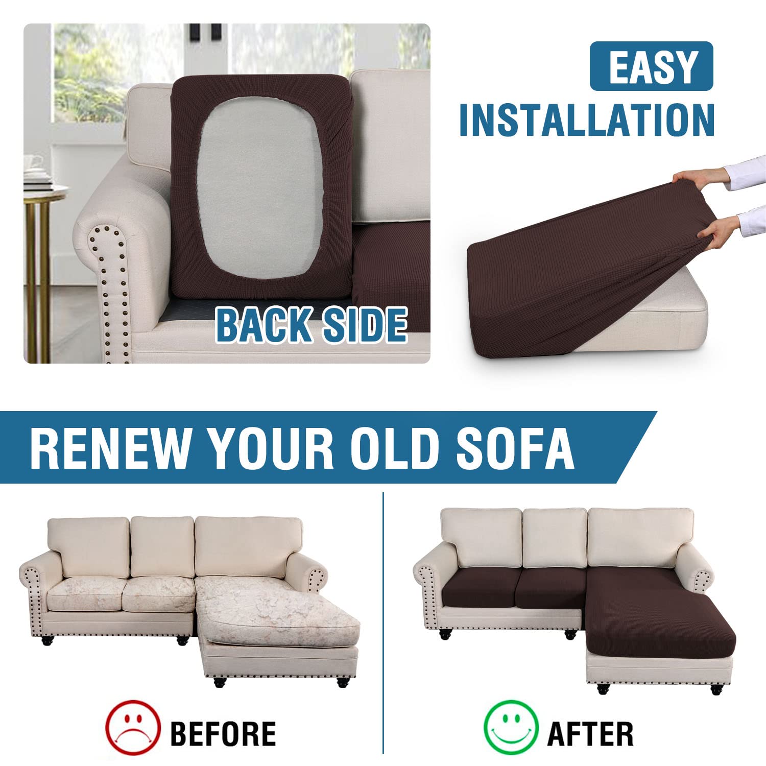H.VERSAILTEX 3-Piece L-Shaped Sectional Sofa Cover Set - Left/Right Chaise & Seat Cushion Protector (Chocolate) - Perfect for Living Room, Family Room & Home Theater Furniture Protection