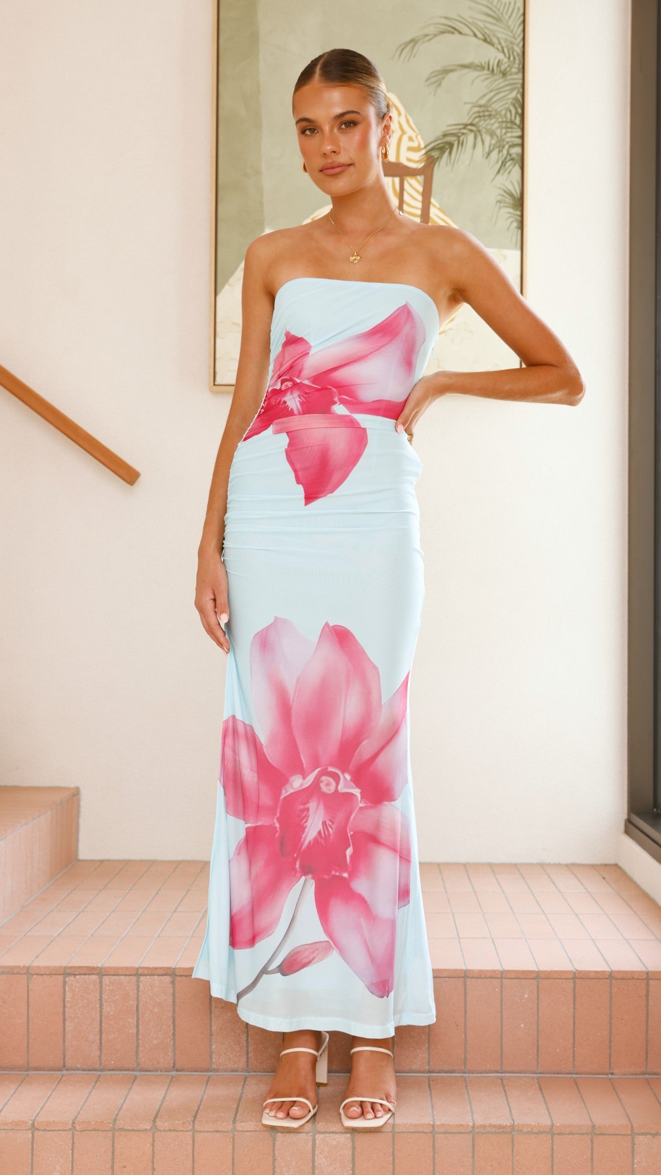Brittani Strapless Maxi Dress for Women - Flowy Summer Beach Dress in Blue & Pink | Perfect for Beach Vacations, Weddings & Date Nights