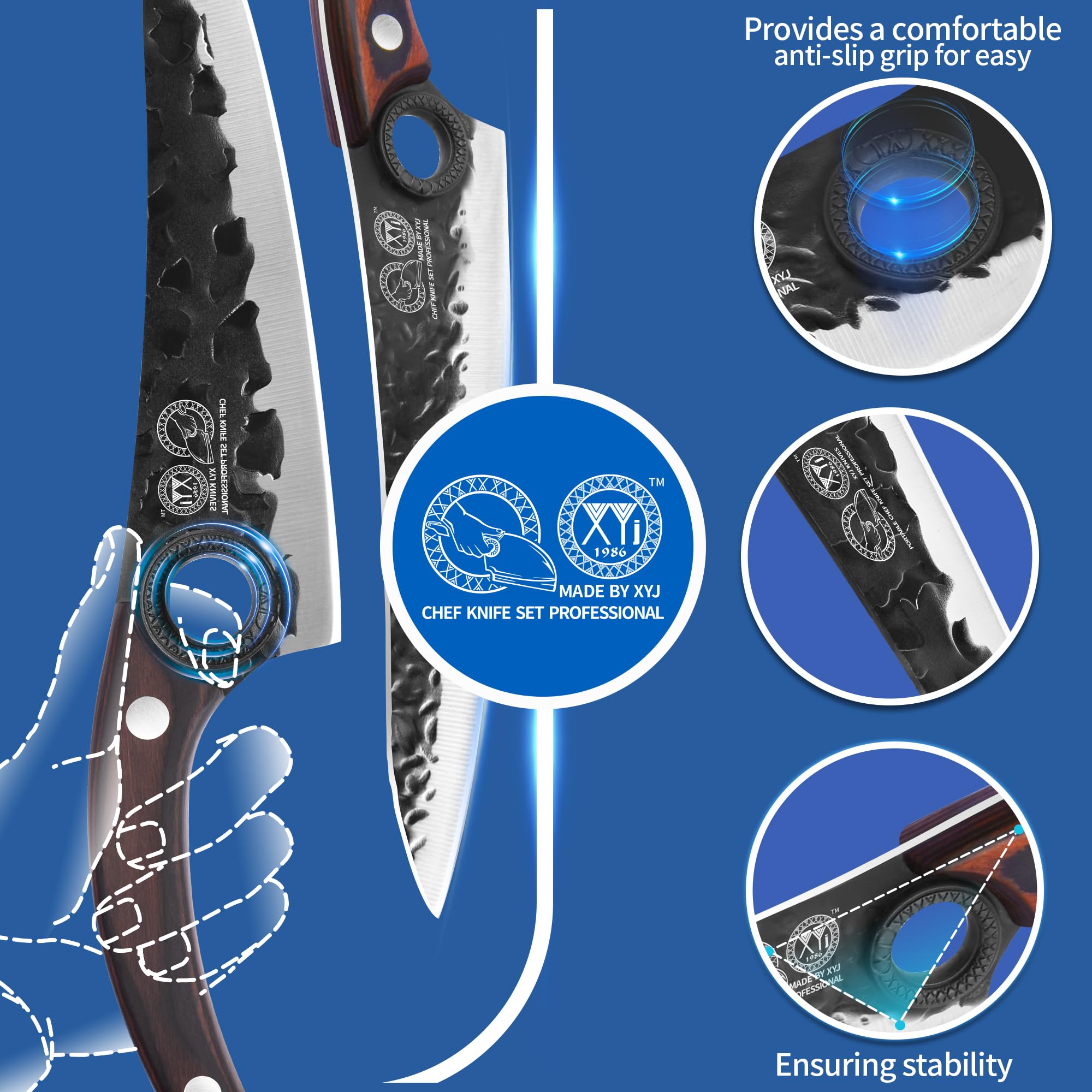 XYJ Professional Kitchen Knife Set - 6-Piece High-Carbon Steel Forged Chef Knives with Full Tang Design (Chef Knife, Cleaver, Carving Knife, Nakiri) Includes Carrying Case & Poultry Shears - Perfect for Home Cooking, Professional Chefs & Meat Processing