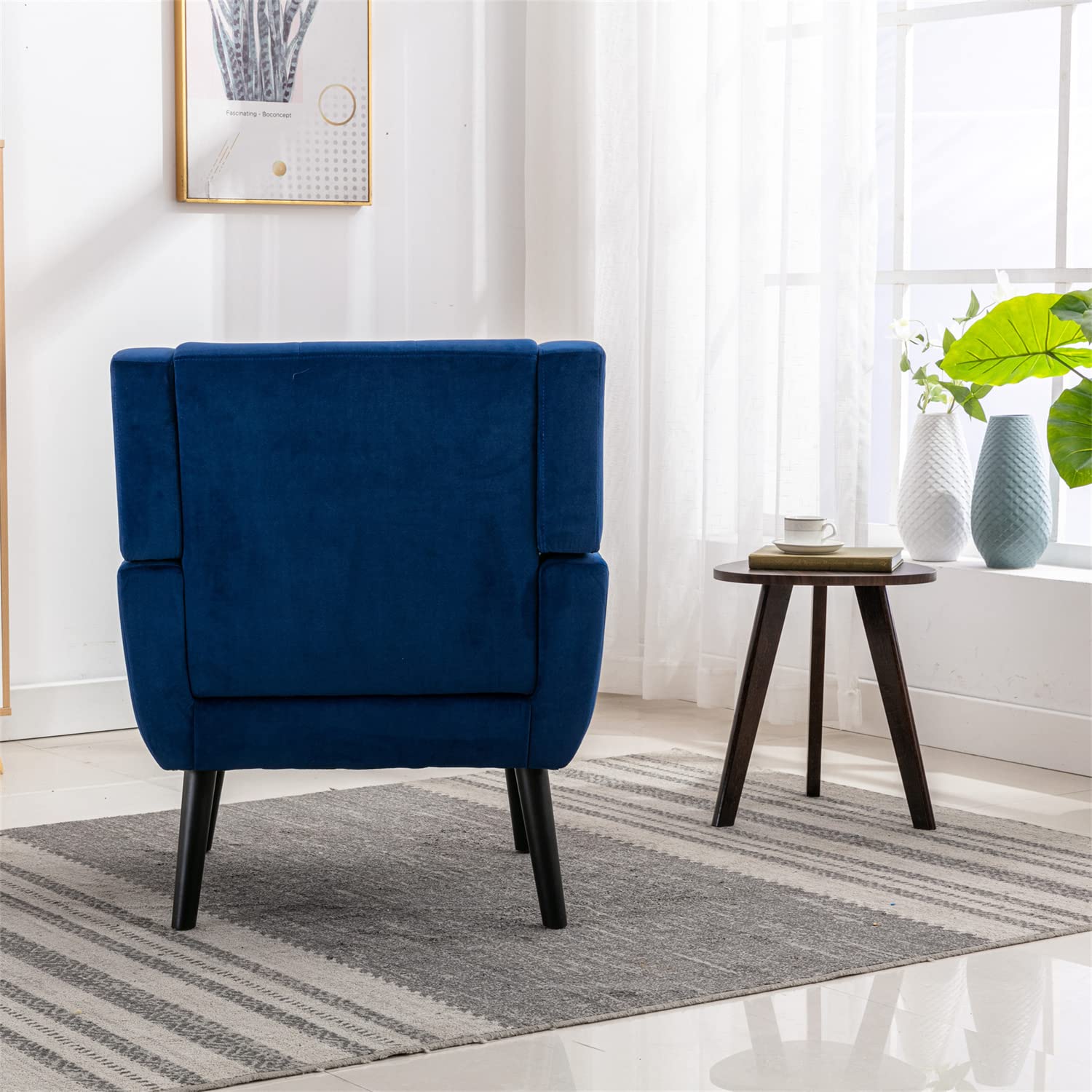 Luxury Velvet Accent Chair - Ergonomic Tufted Upholstered Armchair with Padded Cushions & Solid Wood Legs - Comfortable Single Sofa for Living Room, Bedroom or Office - Perfect Blue Reading Chair for Relaxation & Home Decor