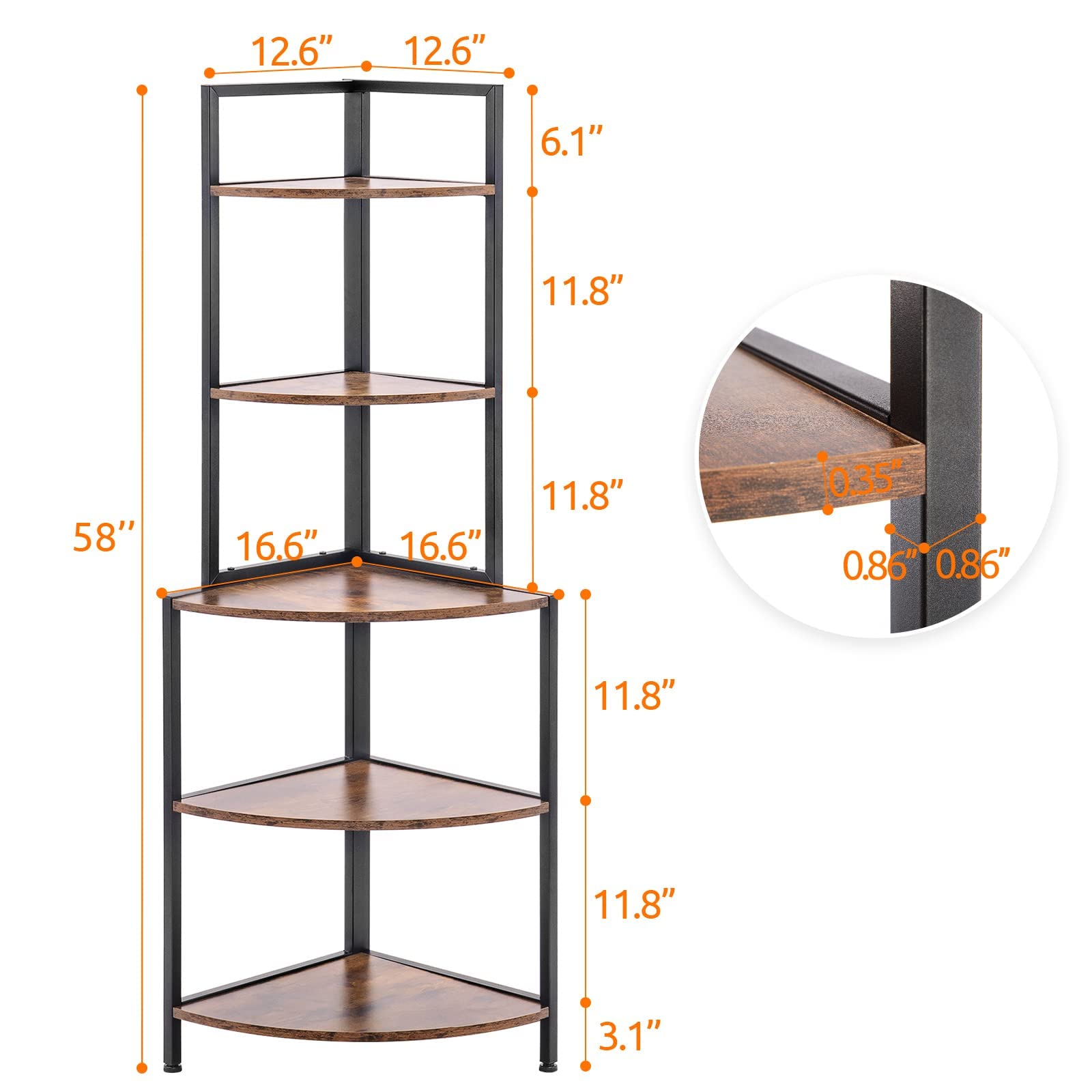 Apicizon 5-Tier Corner Shelf - Industrial Metal Frame Bookcase, Rustic Brown Storage Rack for Books, Plants & Decor | Perfect for Small Spaces, Home Office, Kitchen & Living Room Display