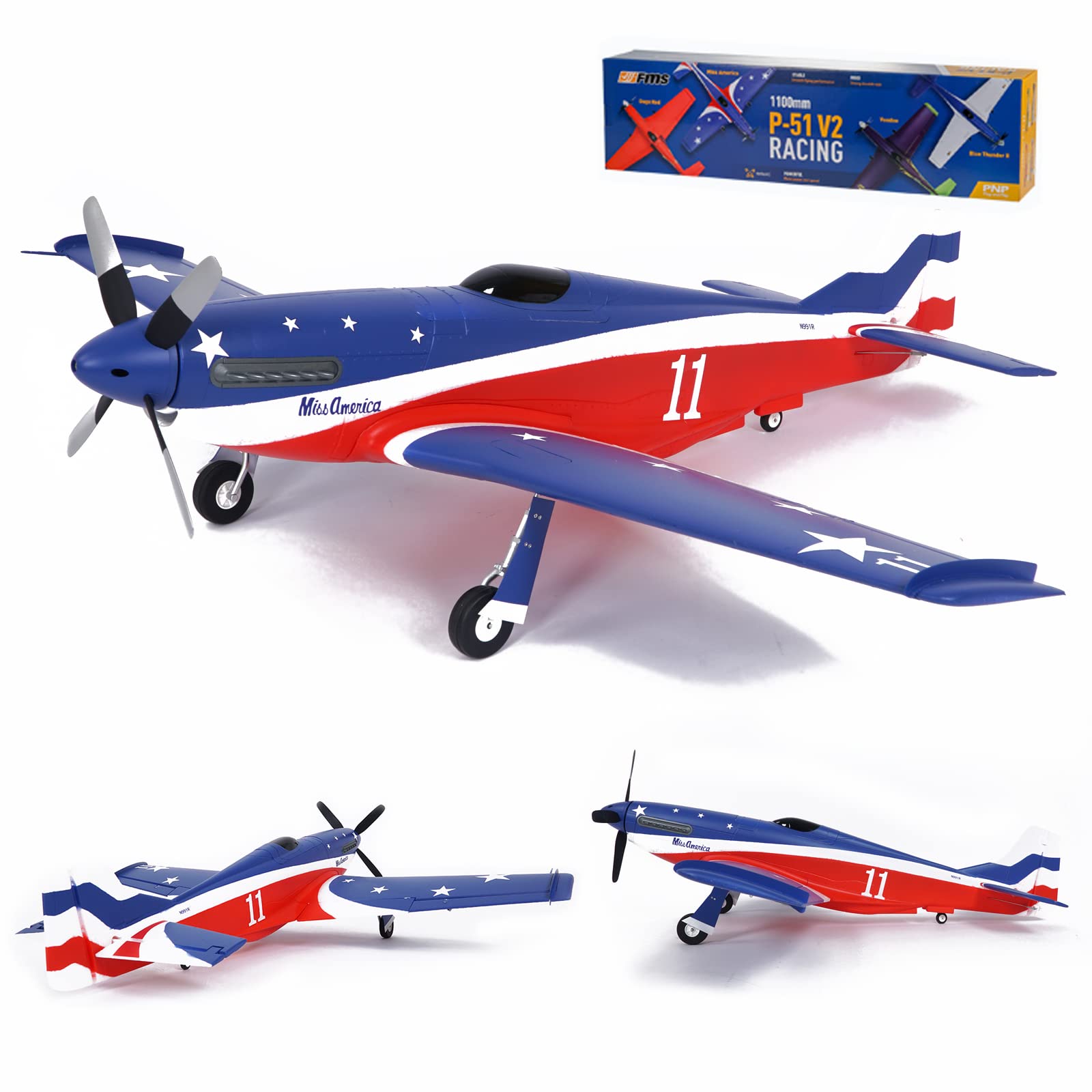 FMS RC Plane for Adults - P-51 Mustang Remote Control Airplane 1100mm Wingspan, 6 Channel PNP (No Radio/Battery/Charger) - Hobby Grade RC Aircraft for Outdoor Flying & Aerial Stunts